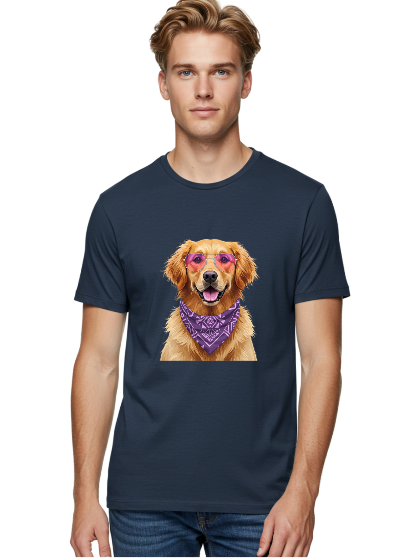 Golden-Retriever-With-Sunglasses Men'S Graphic Tee, 100% Cotton, Comfortable Casual Summer Wear, Machine Washable, Golden Retriever Dog, Trendy Sunglasses, Purple Bandana, Stylish Accessories, Cool Canine, Funky Pet, Modern Dog Design, Bac005