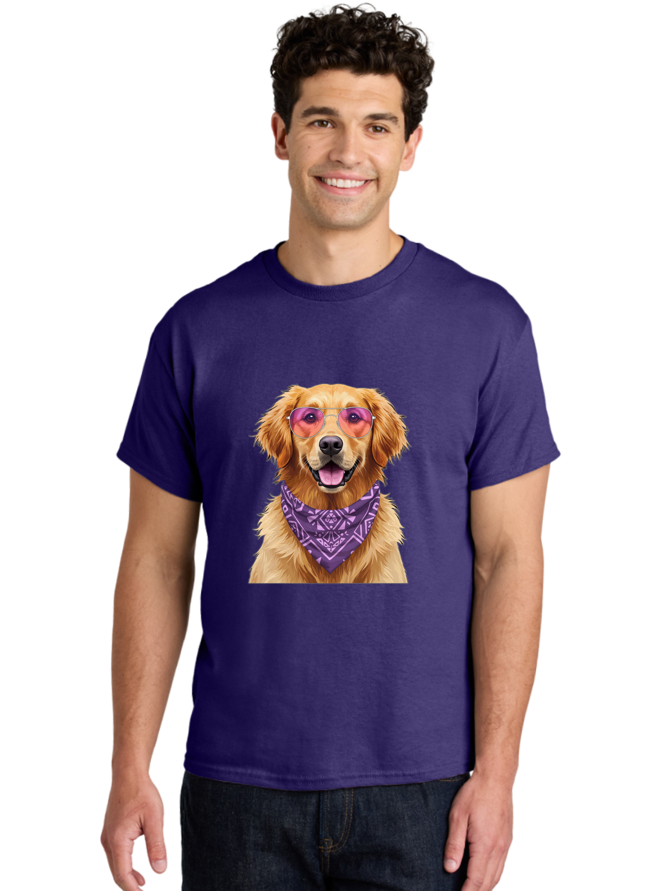 Golden-Retriever-With-Sunglasses Men'S Graphic Tee, 100% Cotton, Comfortable Casual Summer Wear, Machine Washable, Golden Retriever Dog, Trendy Sunglasses, Purple Bandana, Stylish Accessories, Cool Canine, Funky Pet, Modern Dog Design, Bac005