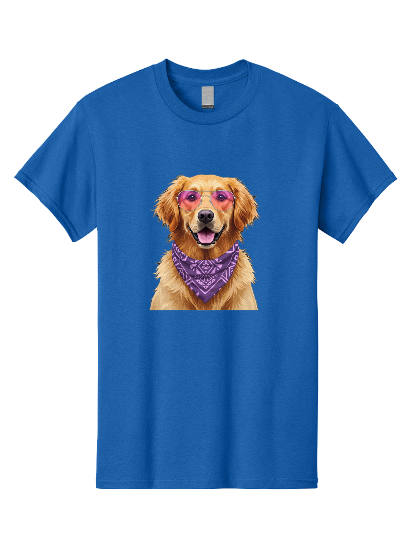 Golden-Retriever-With-Sunglasses Men'S Graphic Tee, 100% Cotton, Comfortable Casual Summer Wear, Machine Washable, Golden Retriever Dog, Trendy Sunglasses, Purple Bandana, Stylish Accessories, Cool Canine, Funky Pet, Modern Dog Design, Bac005