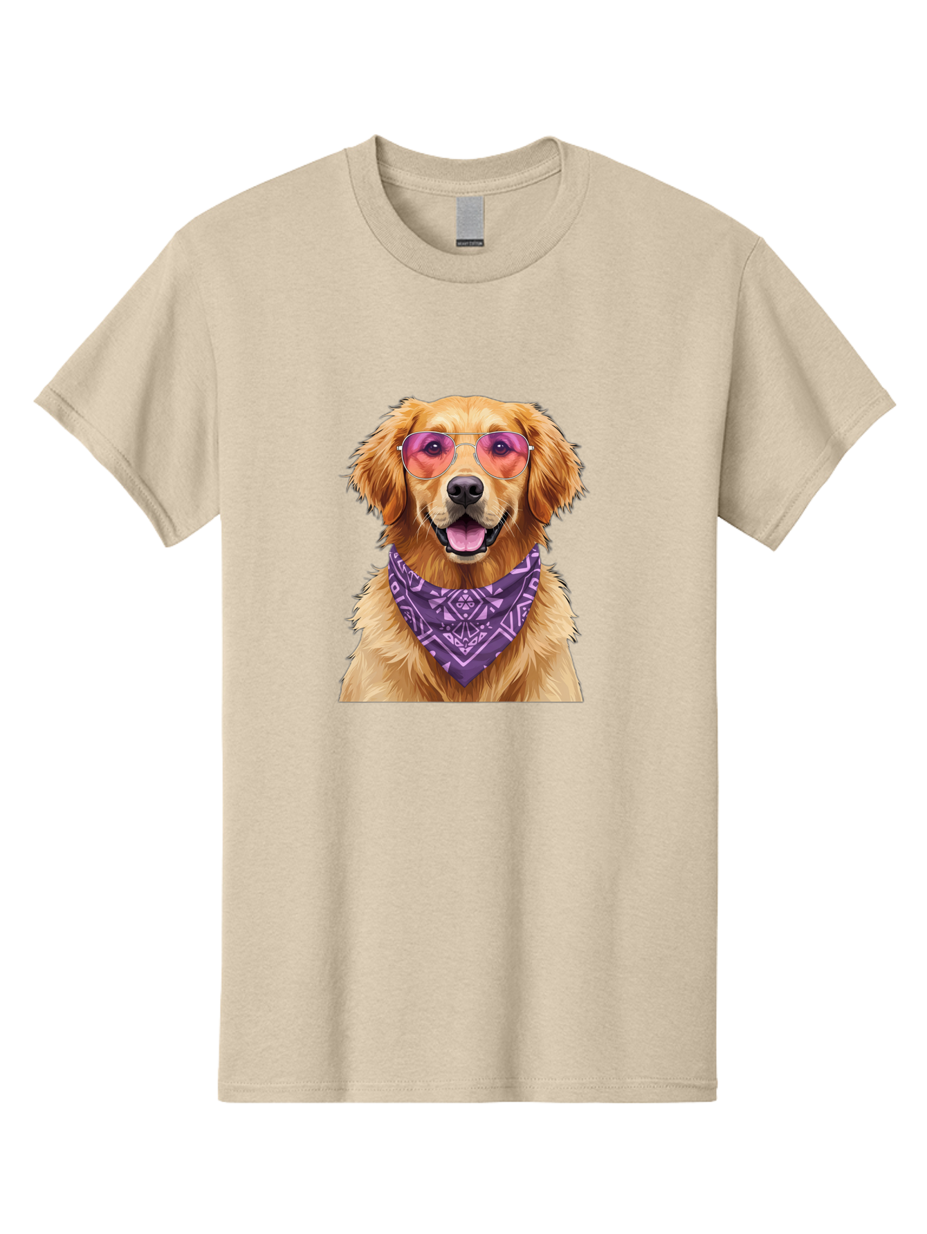 Golden-Retriever-With-Sunglasses Men'S Graphic Tee, 100% Cotton, Comfortable Casual Summer Wear, Machine Washable, Golden Retriever Dog, Trendy Sunglasses, Purple Bandana, Stylish Accessories, Cool Canine, Funky Pet, Modern Dog Design, Bac005