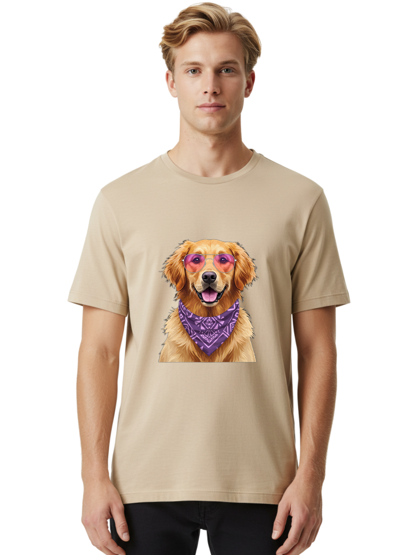 Golden-Retriever-With-Sunglasses Men'S Graphic Tee, 100% Cotton, Comfortable Casual Summer Wear, Machine Washable, Golden Retriever Dog, Trendy Sunglasses, Purple Bandana, Stylish Accessories, Cool Canine, Funky Pet, Modern Dog Design, Bac005
