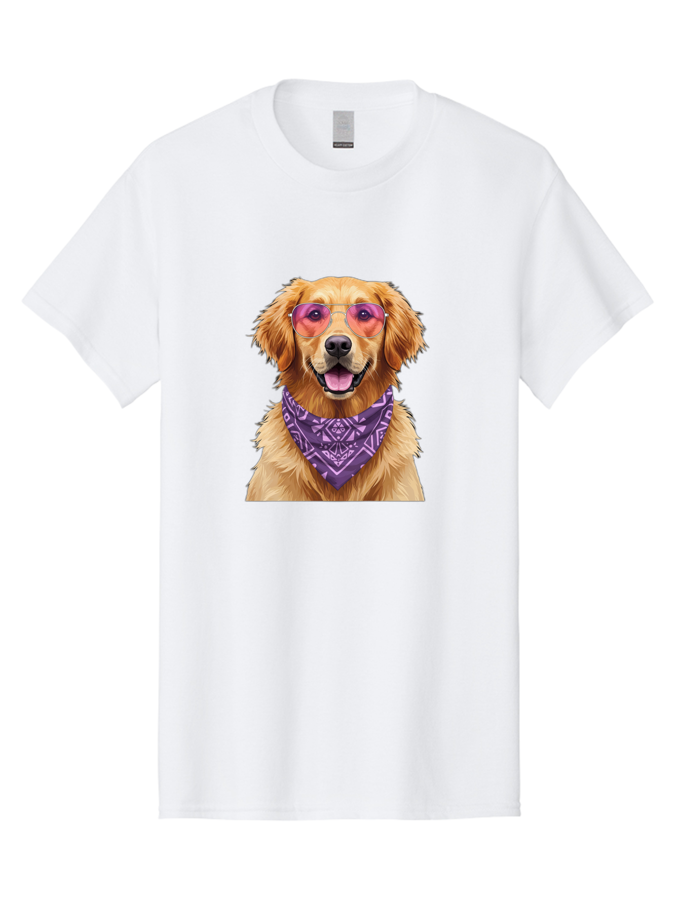 Golden-Retriever-With-Sunglasses Men'S Graphic Tee, 100% Cotton, Comfortable Casual Summer Wear, Machine Washable, Golden Retriever Dog, Trendy Sunglasses, Purple Bandana, Stylish Accessories, Cool Canine, Funky Pet, Modern Dog Design, Bac005