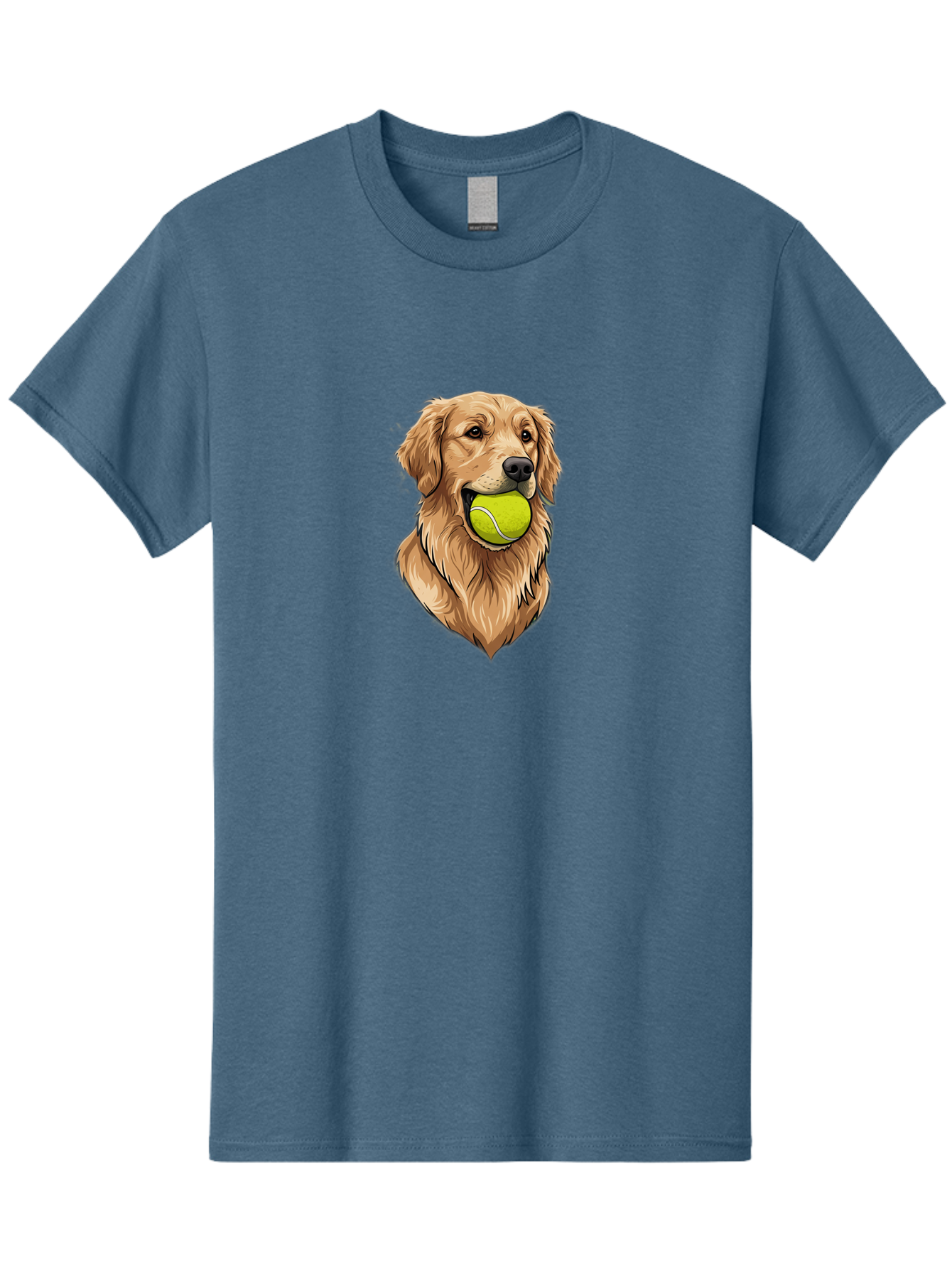Golden-Retriever-With-Tennis-Ball Men'S Graphic Tee, 100% Cotton, Comfortable Casual Summer Wear, Machine Washable, Golden Retriever Dog Holding Tennis Ball, Playful Pup, Tennis Ball In Mouth, Fun Pet, Playful Pet, Dog Illustration, Bac006