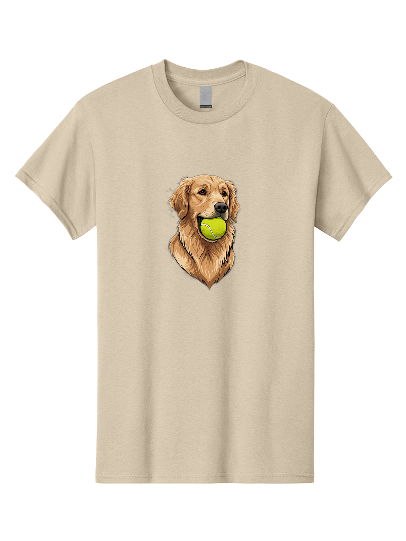 Golden-Retriever-With-Tennis-Ball Men'S Graphic Tee, 100% Cotton, Comfortable Casual Summer Wear, Machine Washable, Golden Retriever Dog Holding Tennis Ball, Playful Pup, Tennis Ball In Mouth, Fun Pet, Playful Pet, Dog Illustration, Bac006