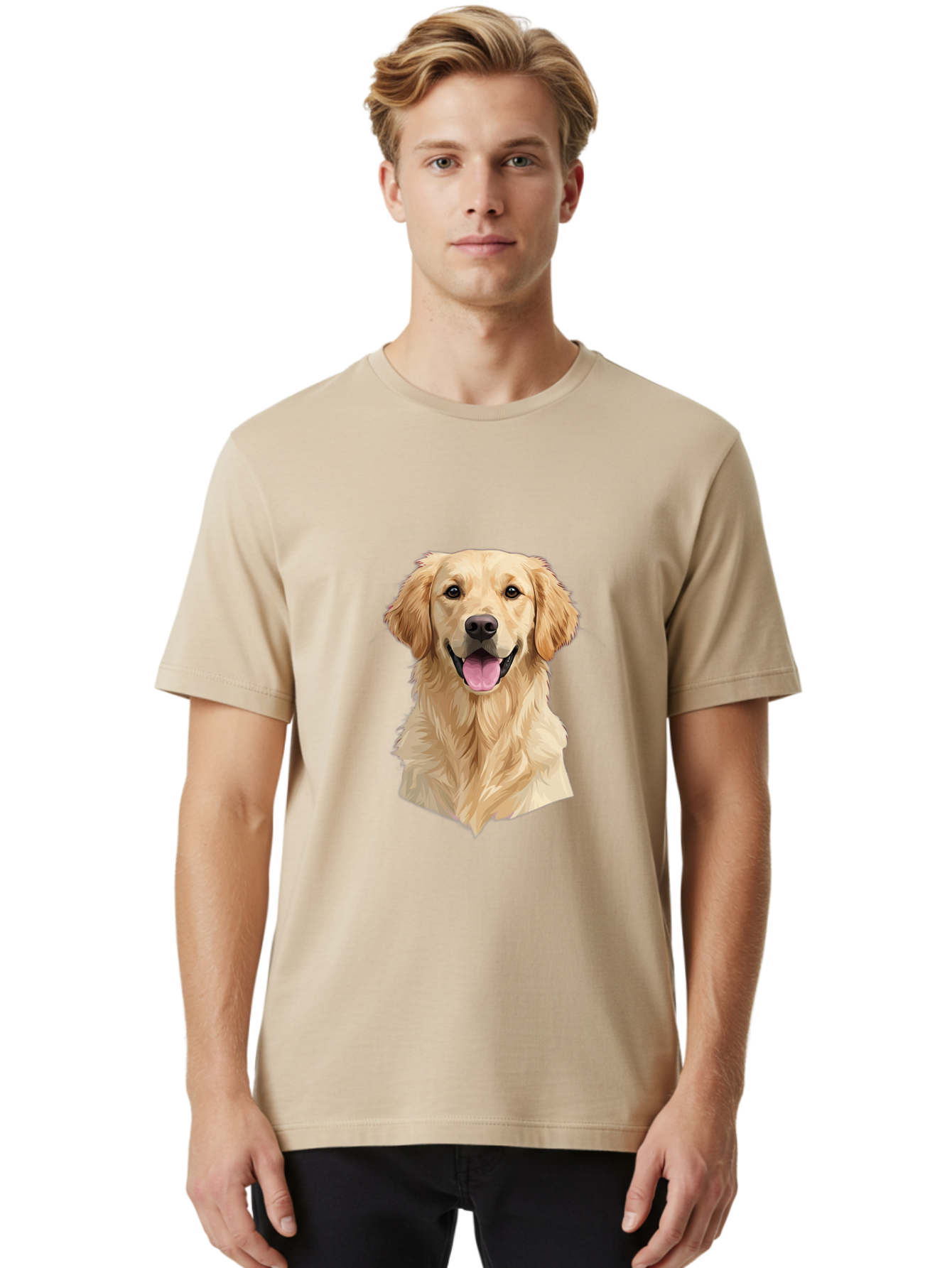 Golden-Retriever Men'S Graphic Tee, 100% Cotton, Comfortable Casual Summer Wear, Machine Washable, Happy Golden Retriever, Friendly Dog, Smiling Pet, Playful Animal, Cute Canine, Dog Portrait, Retriever Illustration Bac007
