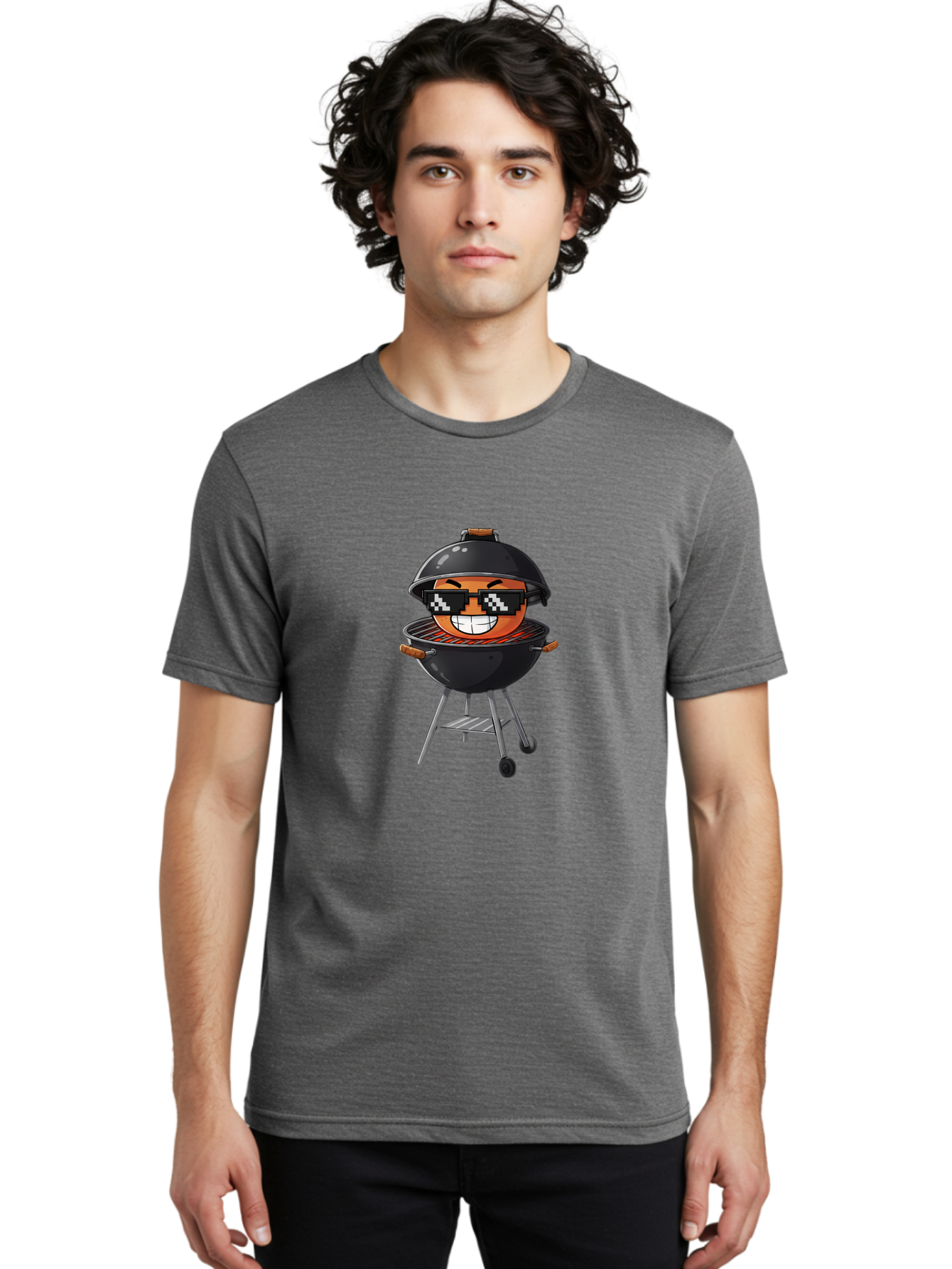Grill-Emoji Men'S Graphic Tee, 100% Cotton, Comfortable Casual Summer Wear, Machine Washable, Burger In Barbecue Grill, Cool Burger, Grill Master, Barbecue Party, Funny Cartoon, Pixelated Sunglasses, Happy Burger, Grill Scene, Summer Vibe, Bac009