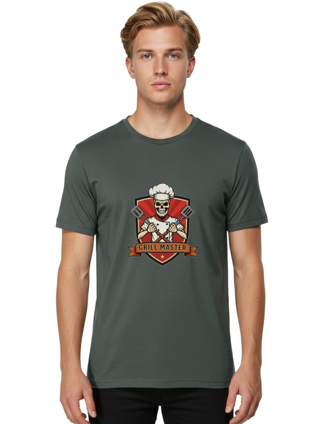 Grill-Master-1 Men'S Graphic Tee, 100% Cotton, Comfortable Casual Summer Wear, Machine Washable, Skull Chef, Grill Master Logo, Chef Hat, Crossed Spatulas, Red Shield, Cooking Theme, Kitchen Design, Chef Uniform, Skeleton Chef Bac010