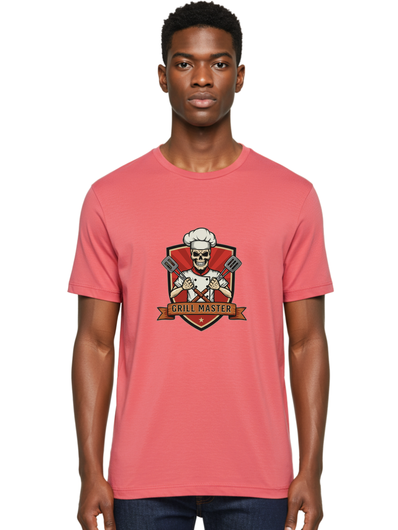 Grill-Master-1 Men'S Graphic Tee, 100% Cotton, Comfortable Casual Summer Wear, Machine Washable, Skull Chef, Grill Master Logo, Chef Hat, Crossed Spatulas, Red Shield, Cooking Theme, Kitchen Design, Chef Uniform, Skeleton Chef Bac010