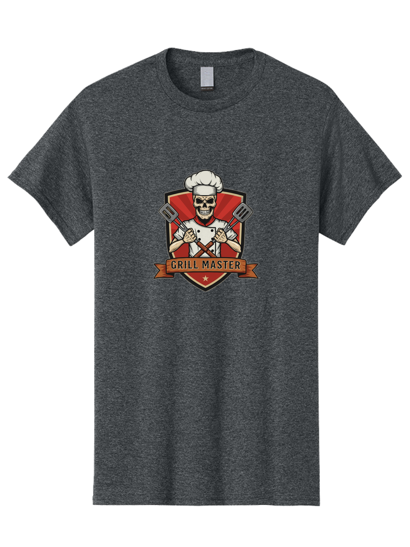 Grill-Master-1 Men'S Graphic Tee, 100% Cotton, Comfortable Casual Summer Wear, Machine Washable, Skull Chef, Grill Master Logo, Chef Hat, Crossed Spatulas, Red Shield, Cooking Theme, Kitchen Design, Chef Uniform, Skeleton Chef Bac010