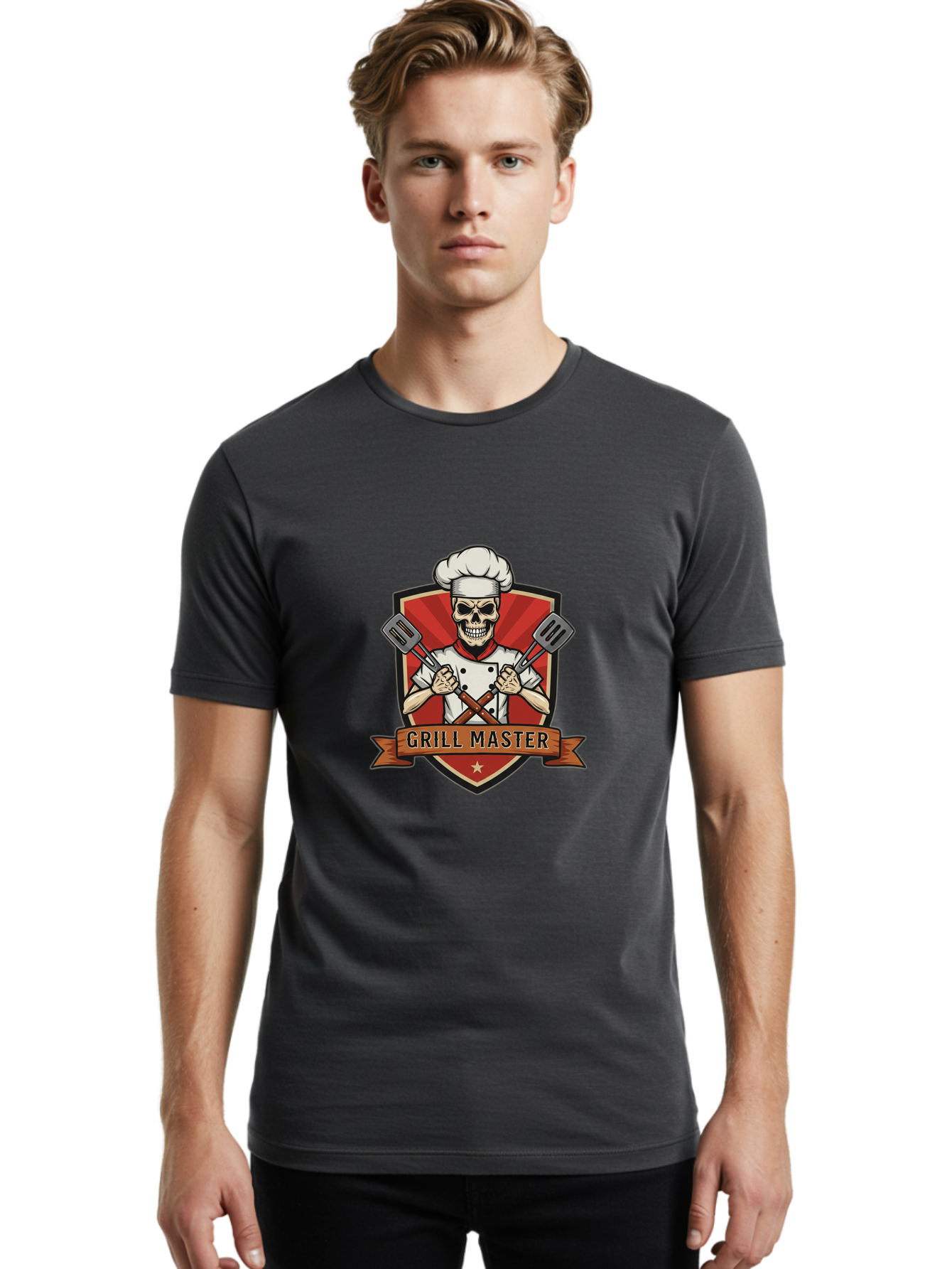 Grill-Master-1 Men'S Graphic Tee, 100% Cotton, Comfortable Casual Summer Wear, Machine Washable, Skull Chef, Grill Master Logo, Chef Hat, Crossed Spatulas, Red Shield, Cooking Theme, Kitchen Design, Chef Uniform, Skeleton Chef Bac010
