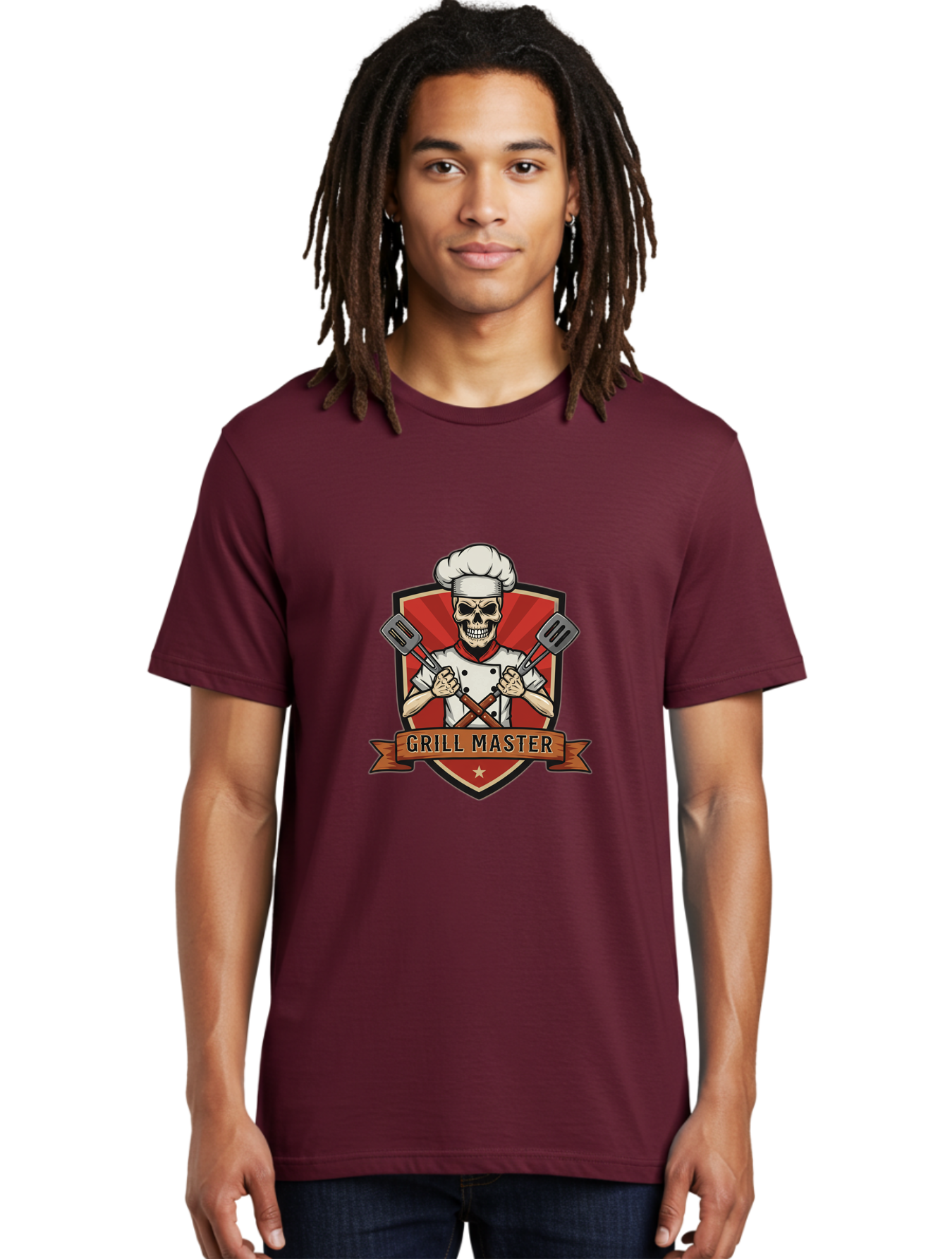 Grill-Master-1 Men'S Graphic Tee, 100% Cotton, Comfortable Casual Summer Wear, Machine Washable, Skull Chef, Grill Master Logo, Chef Hat, Crossed Spatulas, Red Shield, Cooking Theme, Kitchen Design, Chef Uniform, Skeleton Chef Bac010