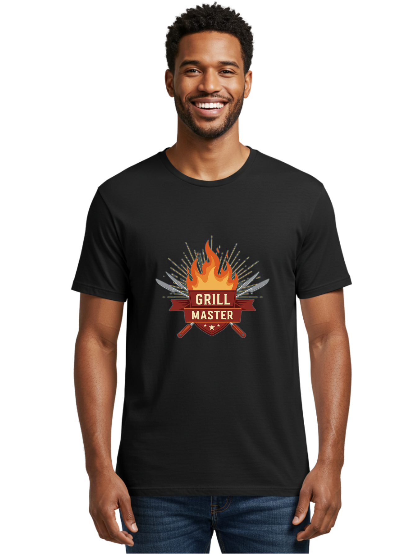Grill-Master-2 Men'S Graphic Tee, 100% Cotton, Comfortable Casual Summer Wear, Machine Washable, Grill Master Logo, Kitchen Utensils, Chef Knives, Flame Design, Cooking Emblem, Culinary Arts, Barbecue Symbol, Cooking Flames, Chef Badge Bac011