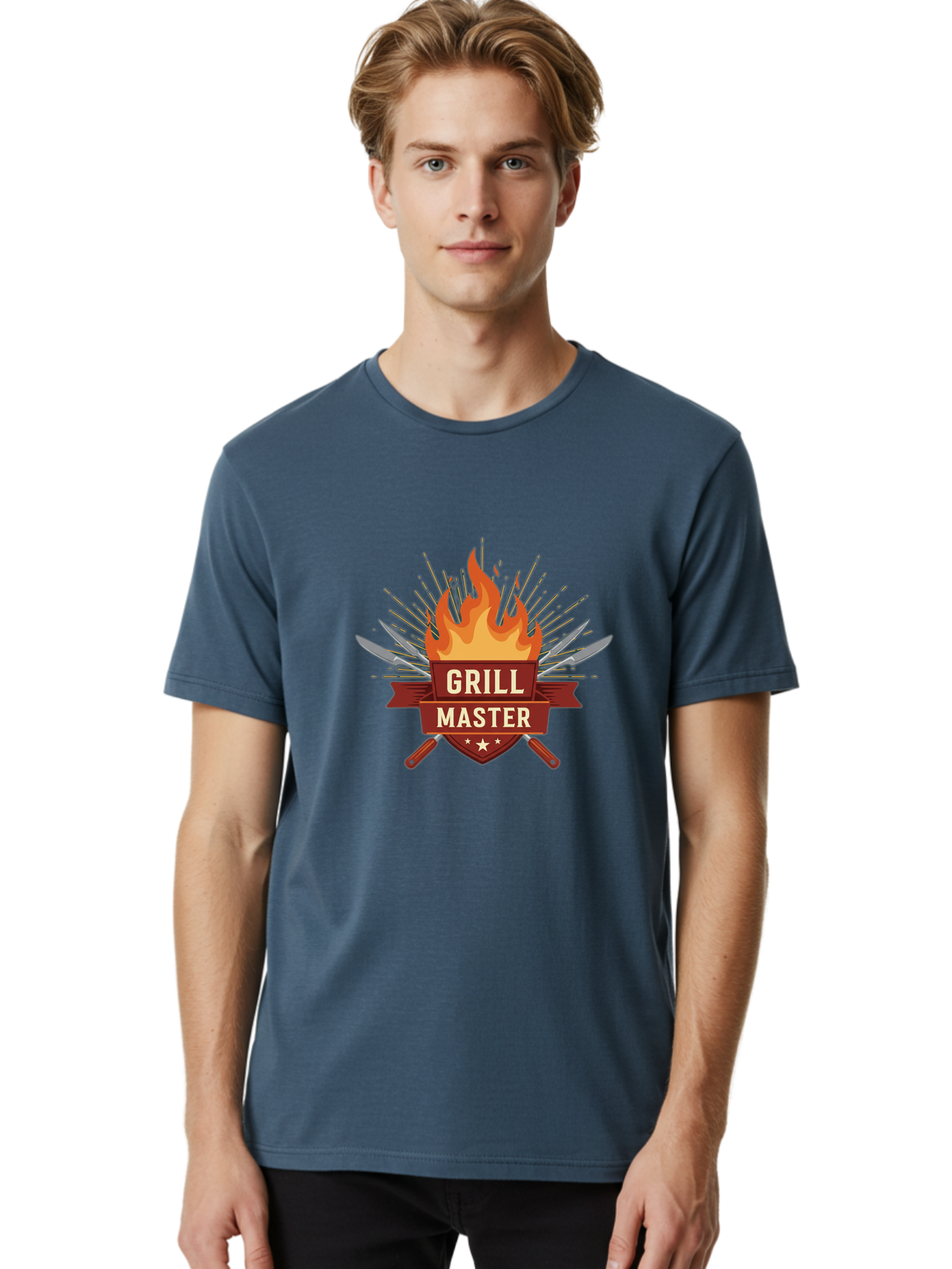 Grill-Master-2 Men'S Graphic Tee, 100% Cotton, Comfortable Casual Summer Wear, Machine Washable, Grill Master Logo, Kitchen Utensils, Chef Knives, Flame Design, Cooking Emblem, Culinary Arts, Barbecue Symbol, Cooking Flames, Chef Badge Bac011