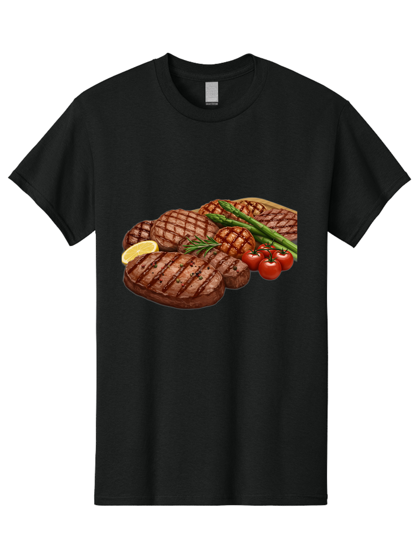 Grilled-Steak-Dinner Men'S Graphic Tee, 100% Cotton, Comfortable Casual Summer Wear, Machine Washable, Grilled Steaks, Steak Dinner, Barbecue, Grilled Vegetables, Asparagus, Tomatoes, Rosemary, Lemon, Savory Flavors, Gourmet Cuisine, Bac016