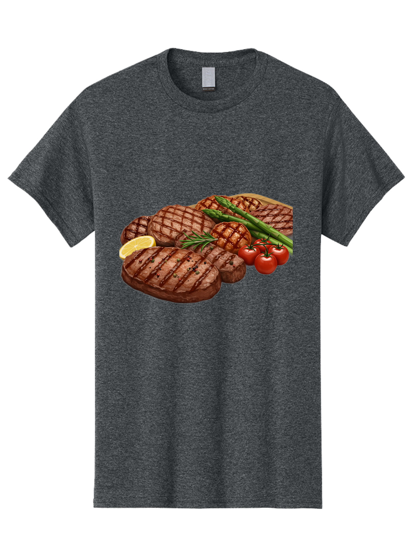 Grilled-Steak-Dinner Men'S Graphic Tee, 100% Cotton, Comfortable Casual Summer Wear, Machine Washable, Grilled Steaks, Steak Dinner, Barbecue, Grilled Vegetables, Asparagus, Tomatoes, Rosemary, Lemon, Savory Flavors, Gourmet Cuisine, Bac016