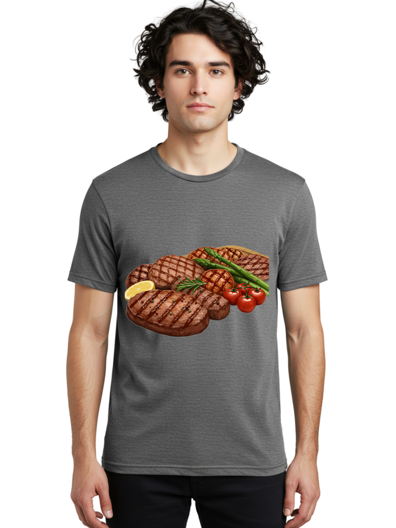 Grilled-Steak-Dinner Men'S Graphic Tee, 100% Cotton, Comfortable Casual Summer Wear, Machine Washable, Grilled Steaks, Steak Dinner, Barbecue, Grilled Vegetables, Asparagus, Tomatoes, Rosemary, Lemon, Savory Flavors, Gourmet Cuisine, Bac016