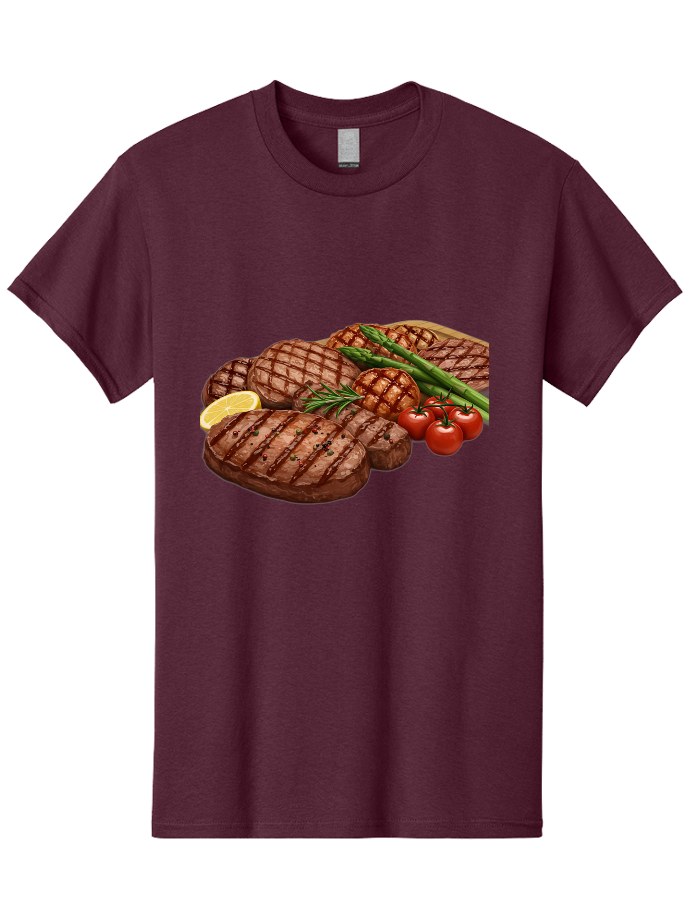 Grilled-Steak-Dinner Men'S Graphic Tee, 100% Cotton, Comfortable Casual Summer Wear, Machine Washable, Grilled Steaks, Steak Dinner, Barbecue, Grilled Vegetables, Asparagus, Tomatoes, Rosemary, Lemon, Savory Flavors, Gourmet Cuisine, Bac016