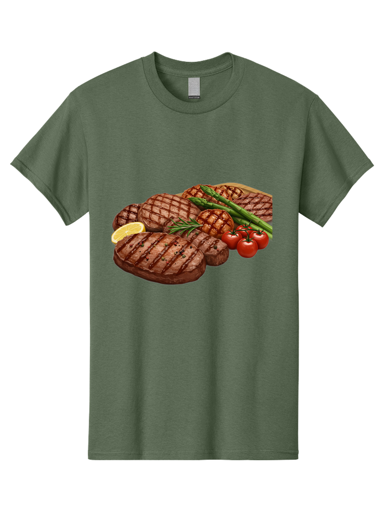 Grilled-Steak-Dinner Men'S Graphic Tee, 100% Cotton, Comfortable Casual Summer Wear, Machine Washable, Grilled Steaks, Steak Dinner, Barbecue, Grilled Vegetables, Asparagus, Tomatoes, Rosemary, Lemon, Savory Flavors, Gourmet Cuisine, Bac016