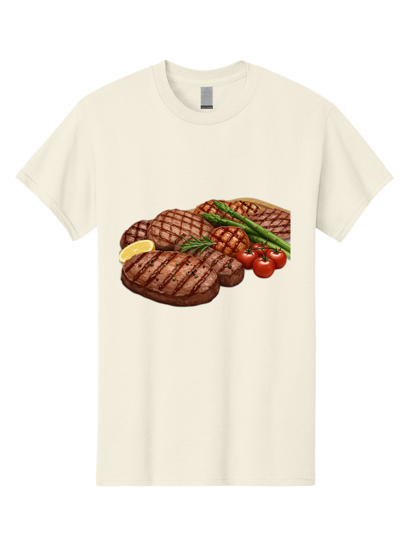 Grilled-Steak-Dinner Men'S Graphic Tee, 100% Cotton, Comfortable Casual Summer Wear, Machine Washable, Grilled Steaks, Steak Dinner, Barbecue, Grilled Vegetables, Asparagus, Tomatoes, Rosemary, Lemon, Savory Flavors, Gourmet Cuisine, Bac016