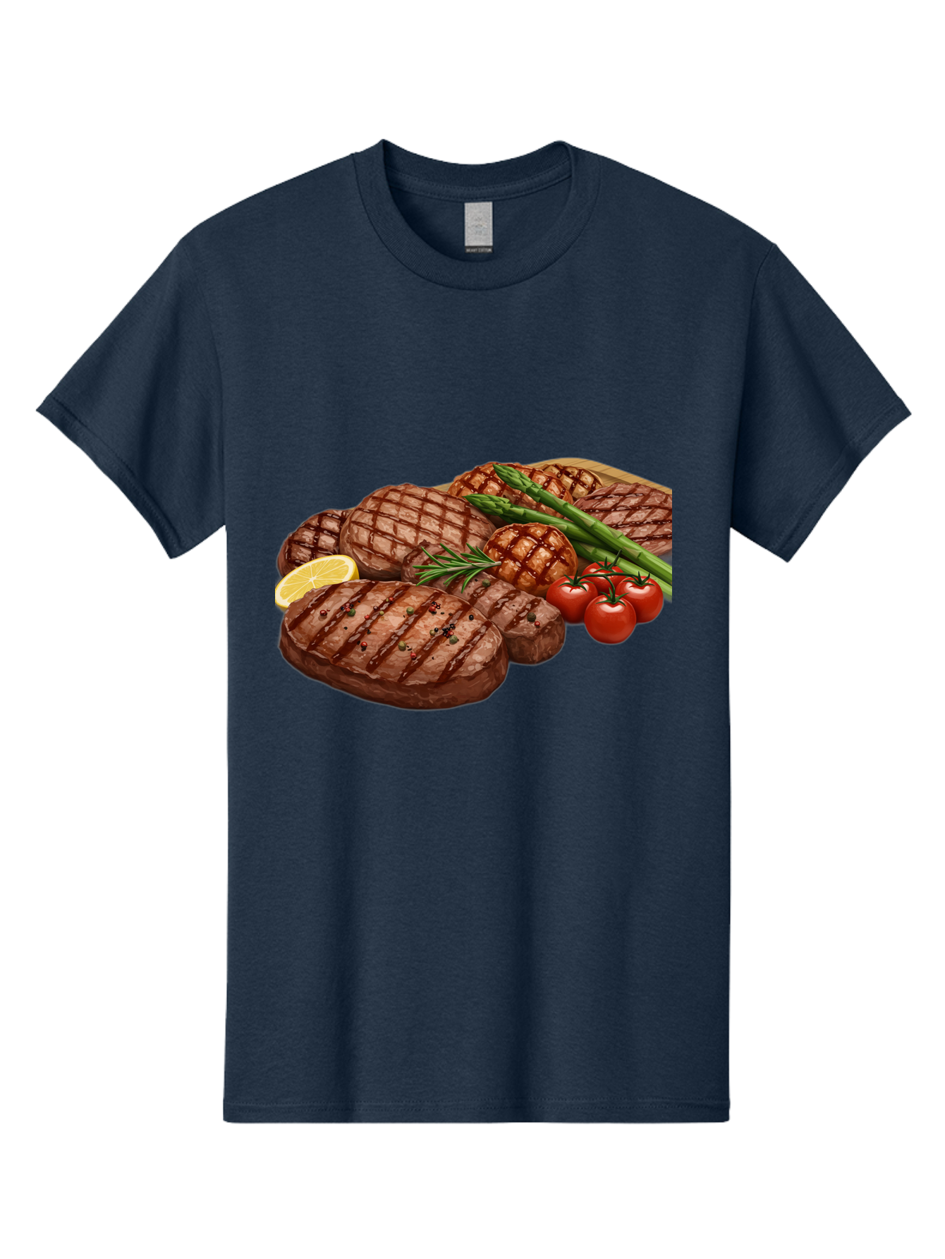 Grilled-Steak-Dinner Men'S Graphic Tee, 100% Cotton, Comfortable Casual Summer Wear, Machine Washable, Grilled Steaks, Steak Dinner, Barbecue, Grilled Vegetables, Asparagus, Tomatoes, Rosemary, Lemon, Savory Flavors, Gourmet Cuisine, Bac016