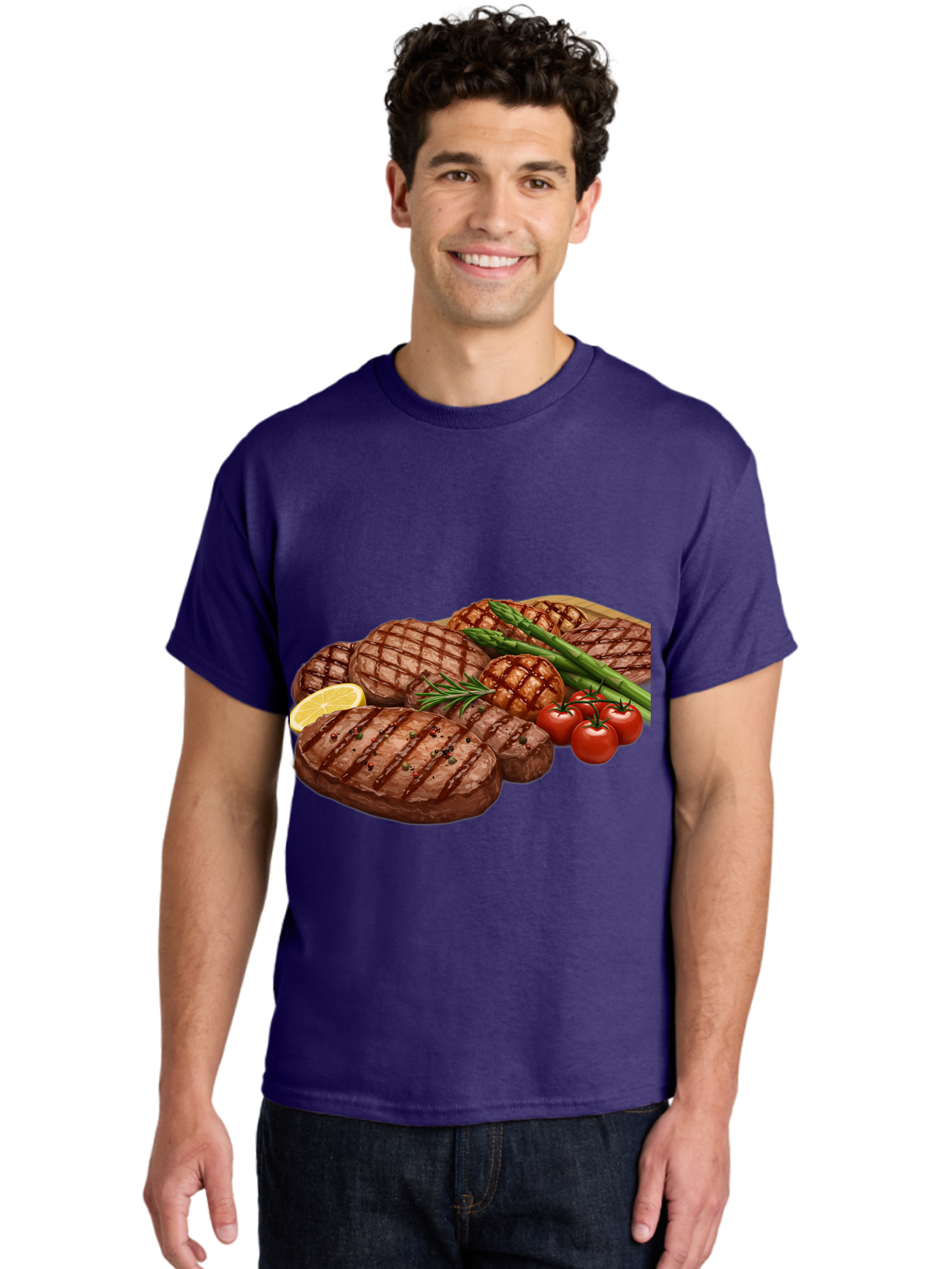 Grilled-Steak-Dinner Men'S Graphic Tee, 100% Cotton, Comfortable Casual Summer Wear, Machine Washable, Grilled Steaks, Steak Dinner, Barbecue, Grilled Vegetables, Asparagus, Tomatoes, Rosemary, Lemon, Savory Flavors, Gourmet Cuisine, Bac016