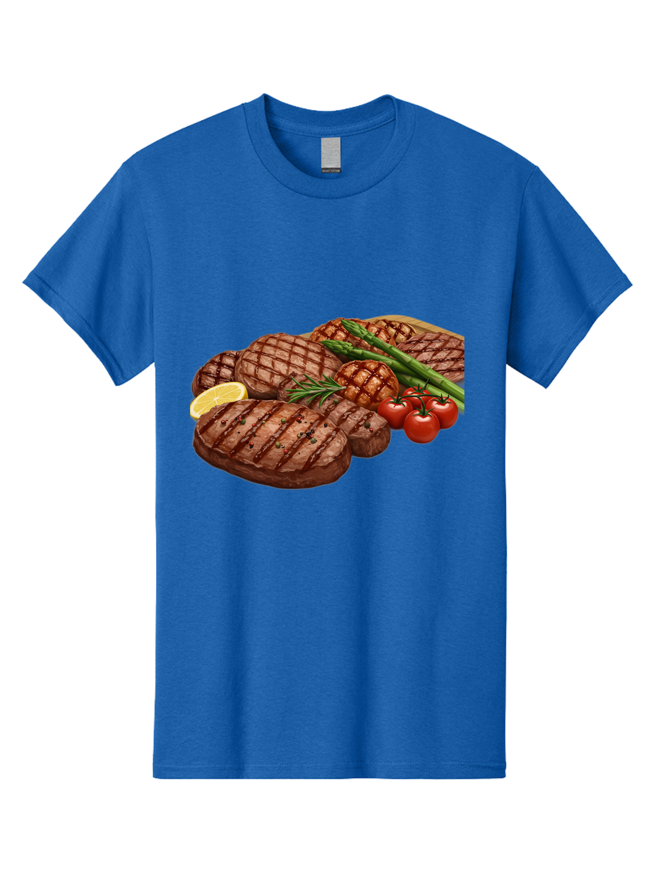 Grilled-Steak-Dinner Men'S Graphic Tee, 100% Cotton, Comfortable Casual Summer Wear, Machine Washable, Grilled Steaks, Steak Dinner, Barbecue, Grilled Vegetables, Asparagus, Tomatoes, Rosemary, Lemon, Savory Flavors, Gourmet Cuisine, Bac016