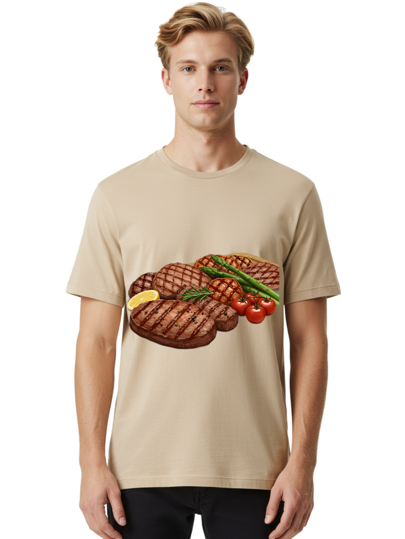 Grilled-Steak-Dinner Men'S Graphic Tee, 100% Cotton, Comfortable Casual Summer Wear, Machine Washable, Grilled Steaks, Steak Dinner, Barbecue, Grilled Vegetables, Asparagus, Tomatoes, Rosemary, Lemon, Savory Flavors, Gourmet Cuisine, Bac016