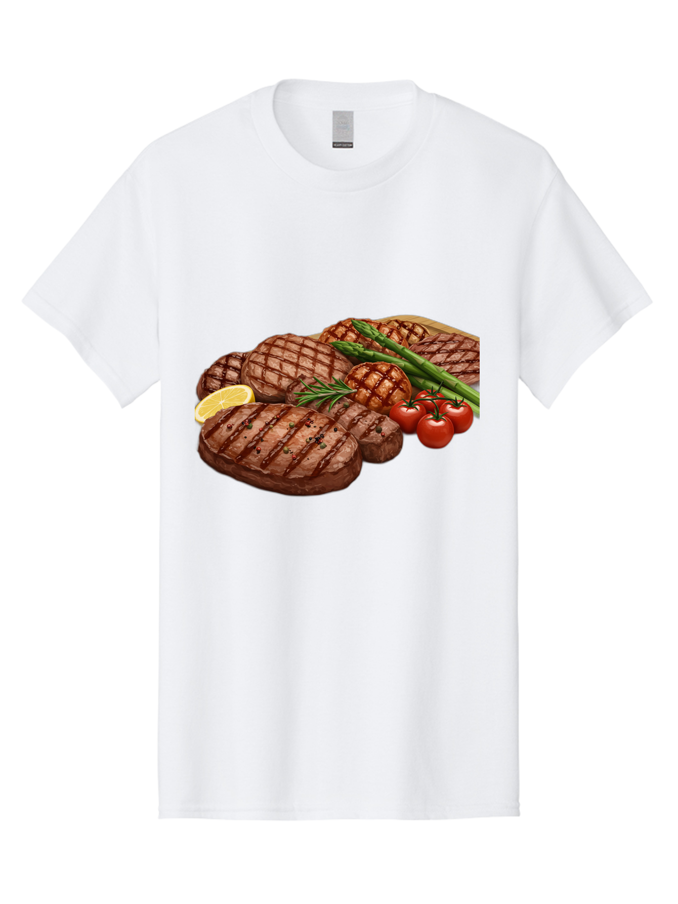 Grilled-Steak-Dinner Men'S Graphic Tee, 100% Cotton, Comfortable Casual Summer Wear, Machine Washable, Grilled Steaks, Steak Dinner, Barbecue, Grilled Vegetables, Asparagus, Tomatoes, Rosemary, Lemon, Savory Flavors, Gourmet Cuisine, Bac016