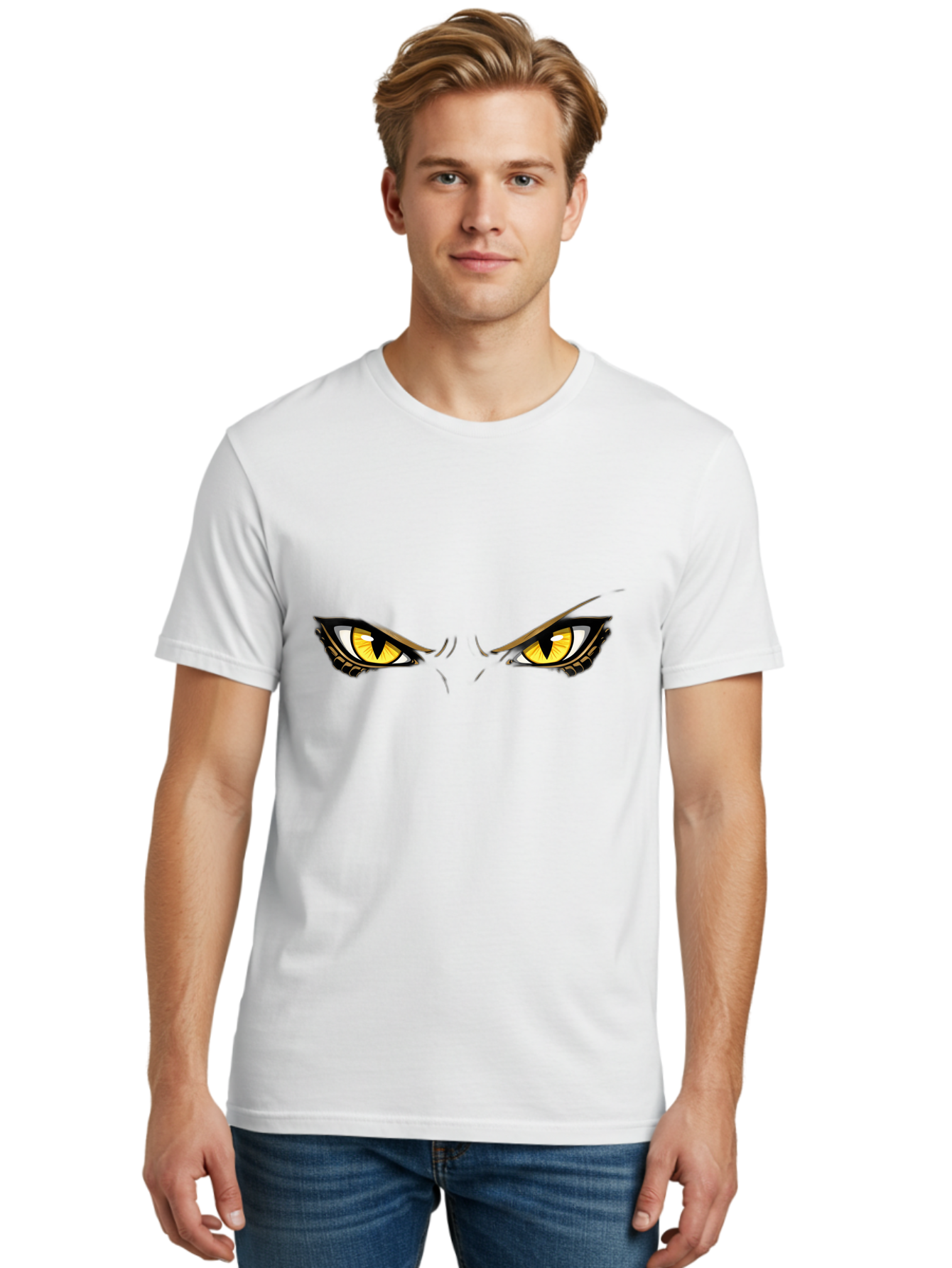 Grinch-Eyes Men'S Graphic Tee, 100% Cotton, Comfortable Casual Summer Wear, Machine Washable, Menacing Eyes, Anime Style, Yellow Eyes, Black Pupils, Aggressive Stare, Intense Gaze, Sharp Eyebrows, Cartoon Illustration, Angry Expression Bac017