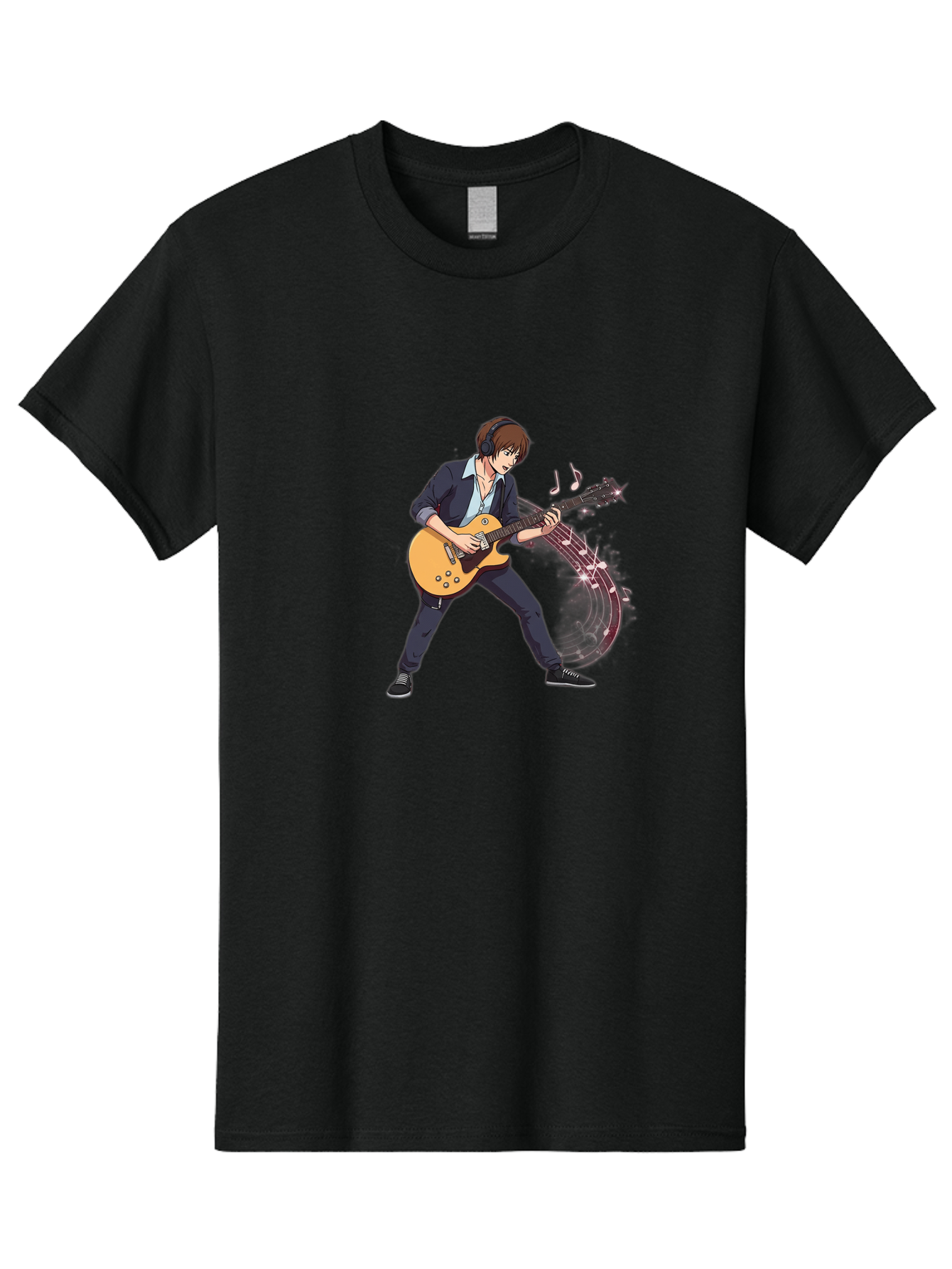 Guitarist Men'S Graphic Tee, 100% Cotton, Comfortable Casual Summer Wear, Machine Washable, Electric Guitar Player, Rock Music, Guitar Solo, Music Notes, Musical Instrument, Brown Hair, Dark Clothing, Cartoon Style, Dynamic Pose, Bac018