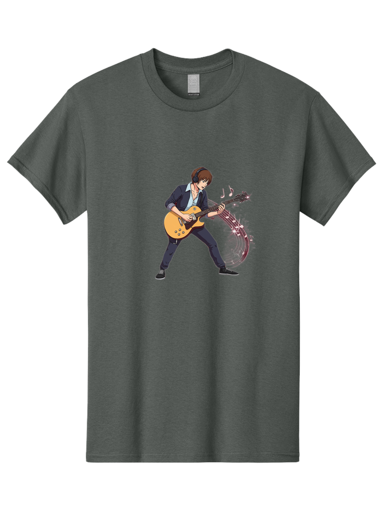 Guitarist Men'S Graphic Tee, 100% Cotton, Comfortable Casual Summer Wear, Machine Washable, Electric Guitar Player, Rock Music, Guitar Solo, Music Notes, Musical Instrument, Brown Hair, Dark Clothing, Cartoon Style, Dynamic Pose, Bac018