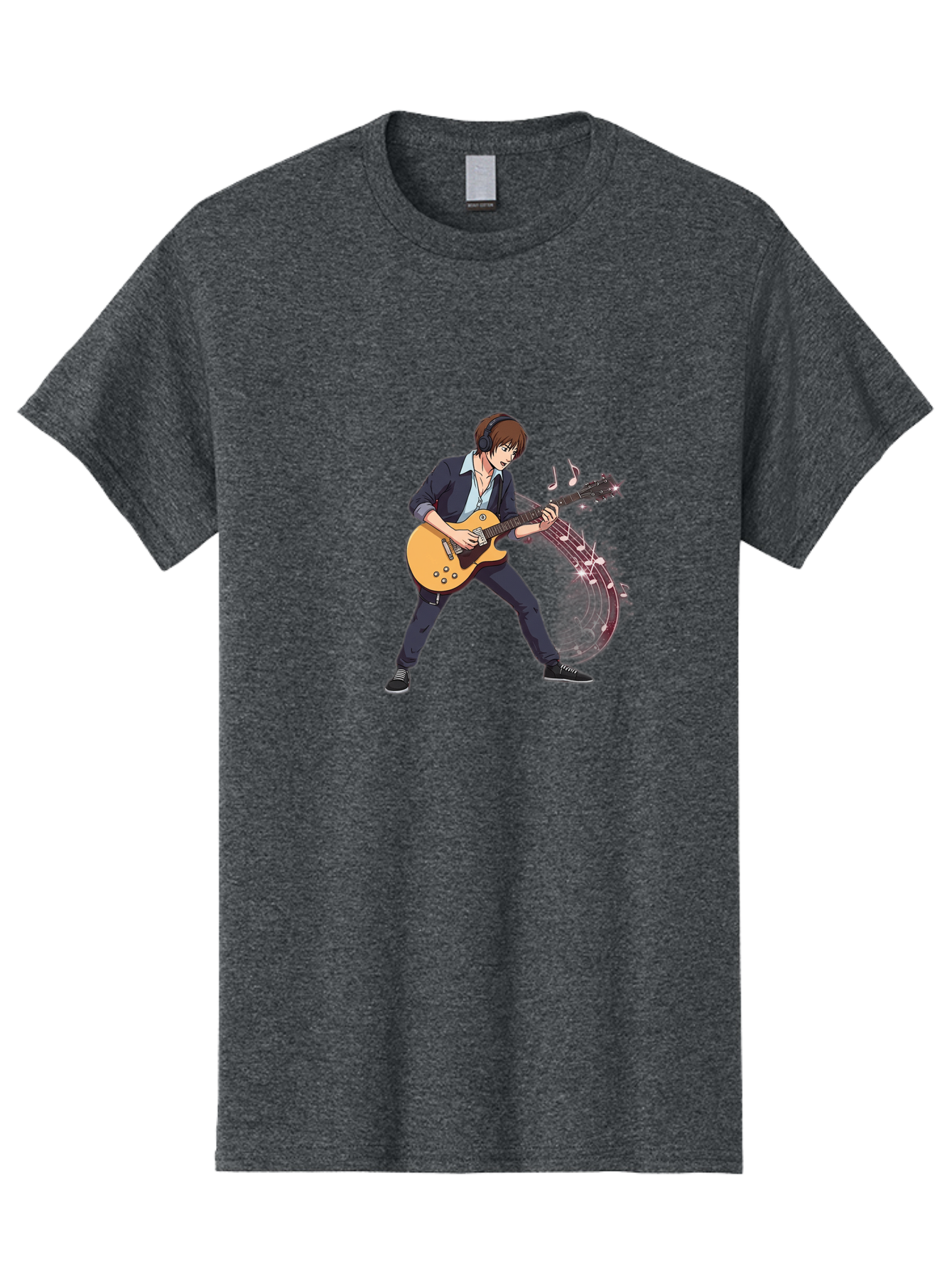 Guitarist Men'S Graphic Tee, 100% Cotton, Comfortable Casual Summer Wear, Machine Washable, Electric Guitar Player, Rock Music, Guitar Solo, Music Notes, Musical Instrument, Brown Hair, Dark Clothing, Cartoon Style, Dynamic Pose, Bac018