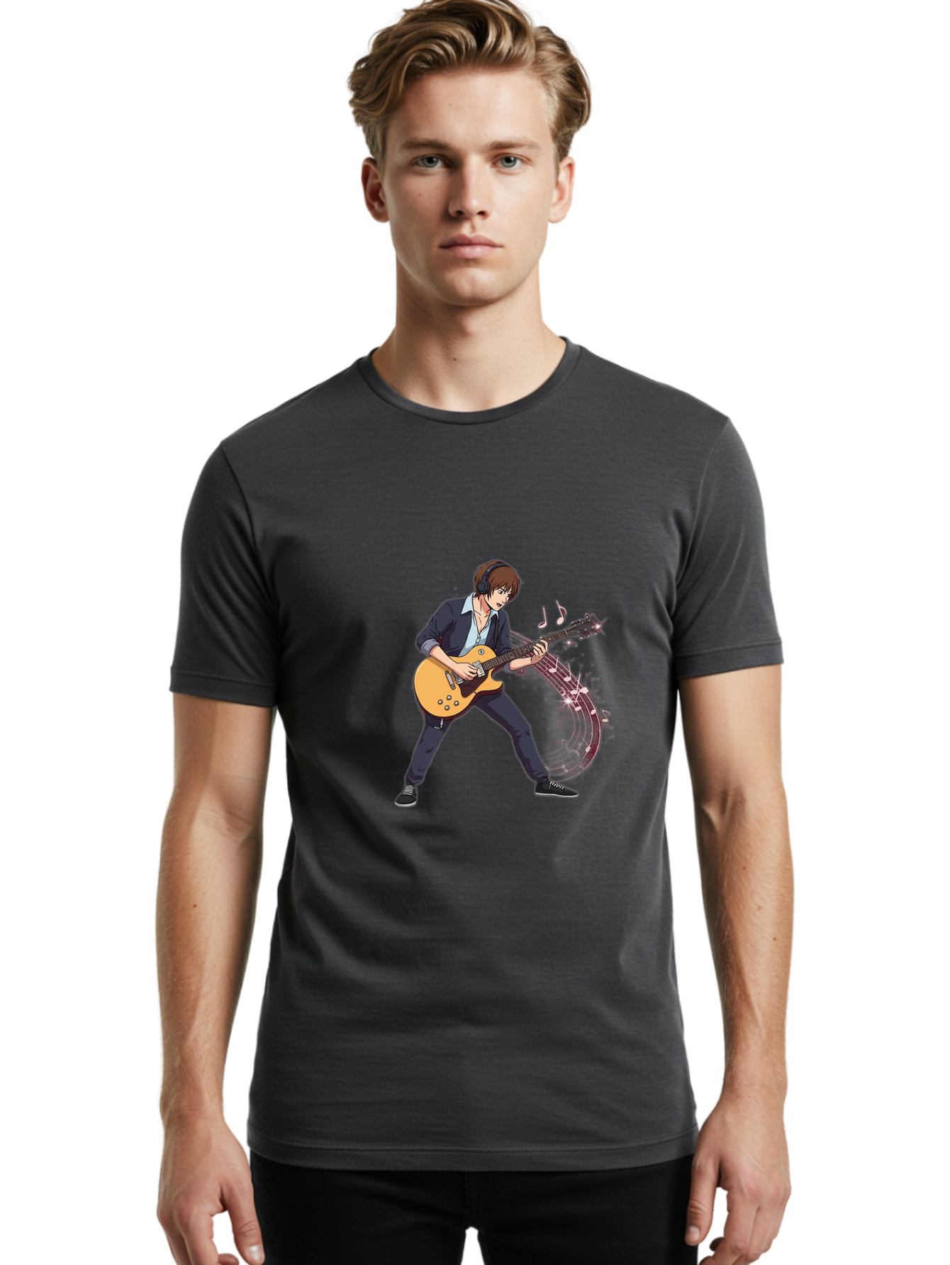 Guitarist Men'S Graphic Tee, 100% Cotton, Comfortable Casual Summer Wear, Machine Washable, Electric Guitar Player, Rock Music, Guitar Solo, Music Notes, Musical Instrument, Brown Hair, Dark Clothing, Cartoon Style, Dynamic Pose, Bac018