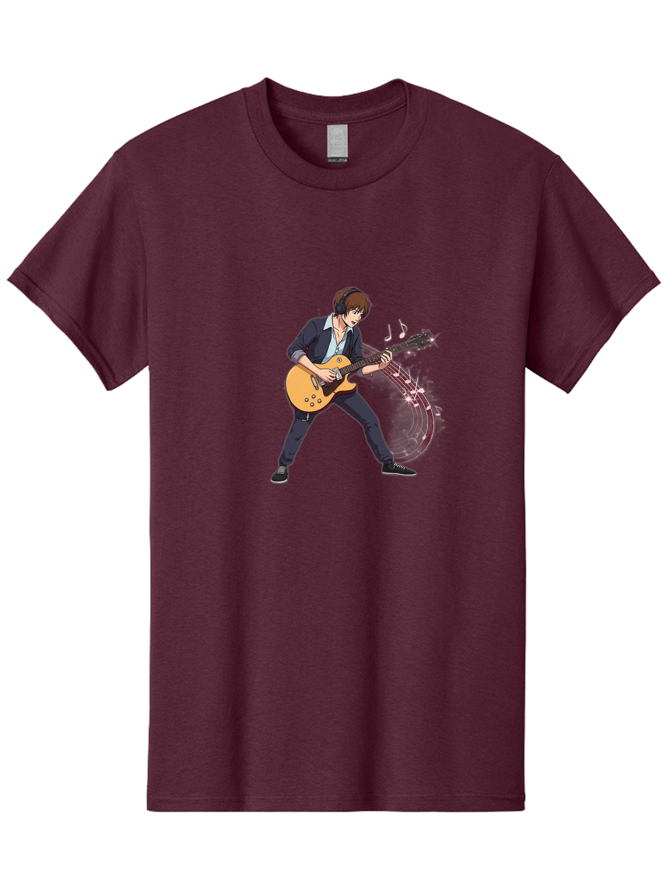 Guitarist Men'S Graphic Tee, 100% Cotton, Comfortable Casual Summer Wear, Machine Washable, Electric Guitar Player, Rock Music, Guitar Solo, Music Notes, Musical Instrument, Brown Hair, Dark Clothing, Cartoon Style, Dynamic Pose, Bac018