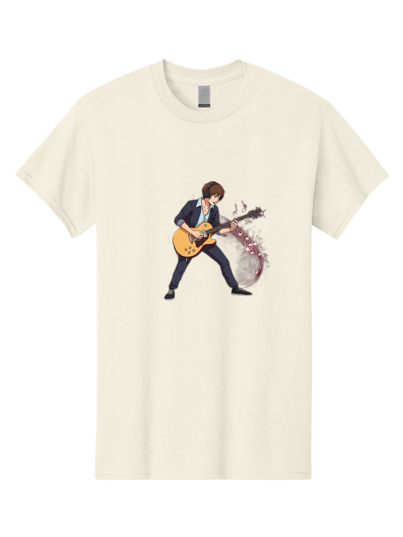 Guitarist Men'S Graphic Tee, 100% Cotton, Comfortable Casual Summer Wear, Machine Washable, Electric Guitar Player, Rock Music, Guitar Solo, Music Notes, Musical Instrument, Brown Hair, Dark Clothing, Cartoon Style, Dynamic Pose, Bac018