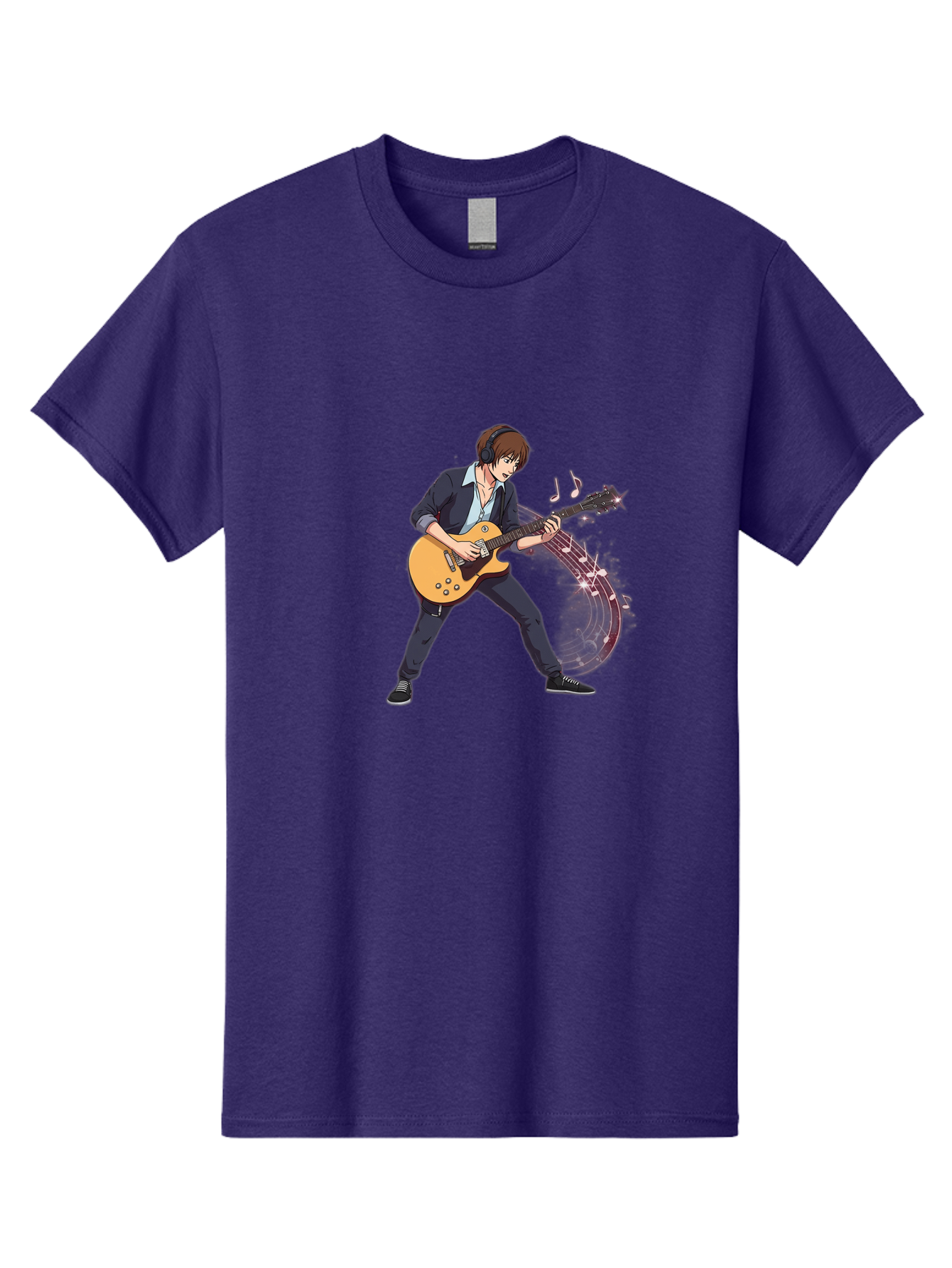 Guitarist Men'S Graphic Tee, 100% Cotton, Comfortable Casual Summer Wear, Machine Washable, Electric Guitar Player, Rock Music, Guitar Solo, Music Notes, Musical Instrument, Brown Hair, Dark Clothing, Cartoon Style, Dynamic Pose, Bac018