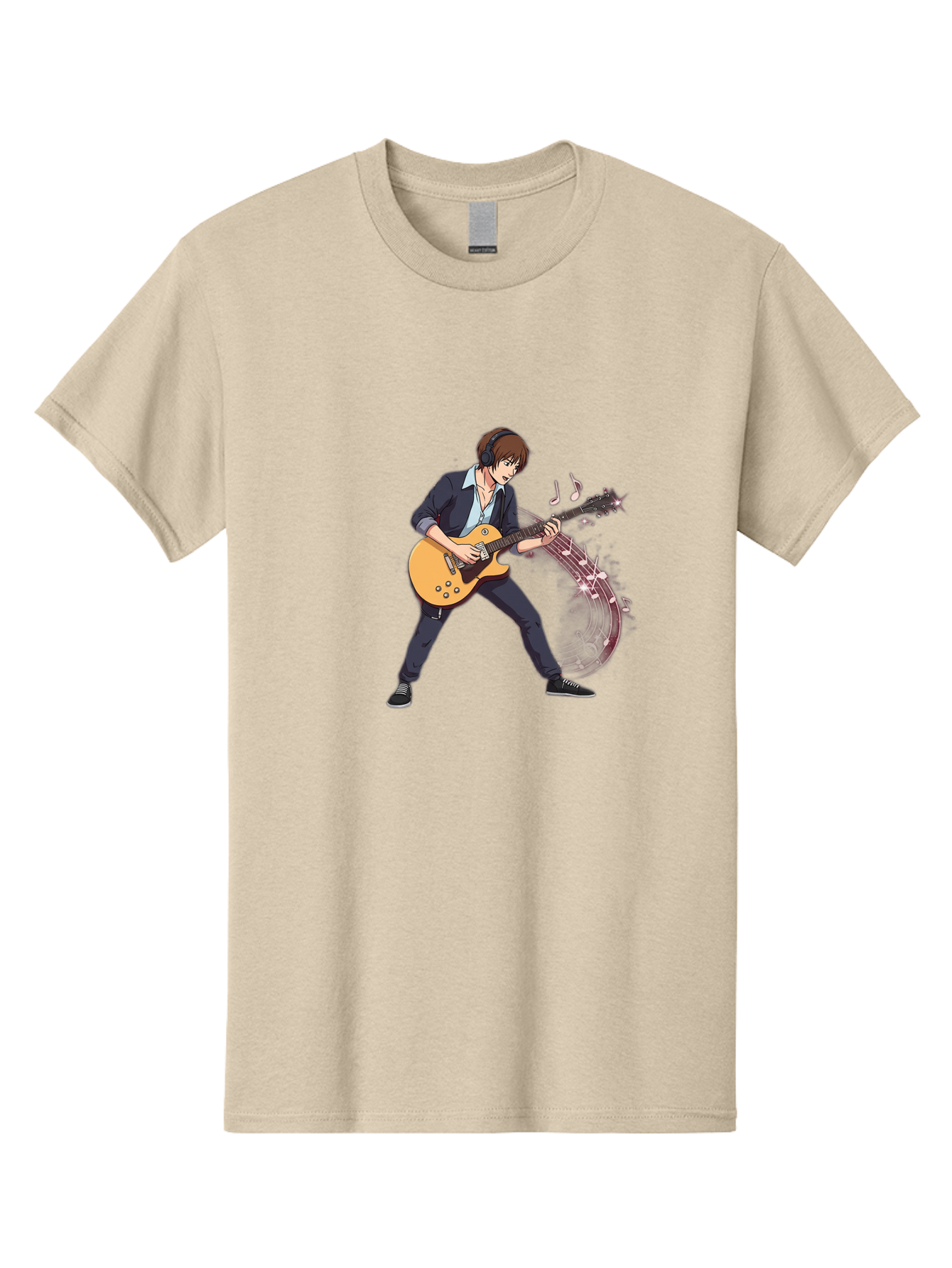 Guitarist Men'S Graphic Tee, 100% Cotton, Comfortable Casual Summer Wear, Machine Washable, Electric Guitar Player, Rock Music, Guitar Solo, Music Notes, Musical Instrument, Brown Hair, Dark Clothing, Cartoon Style, Dynamic Pose, Bac018