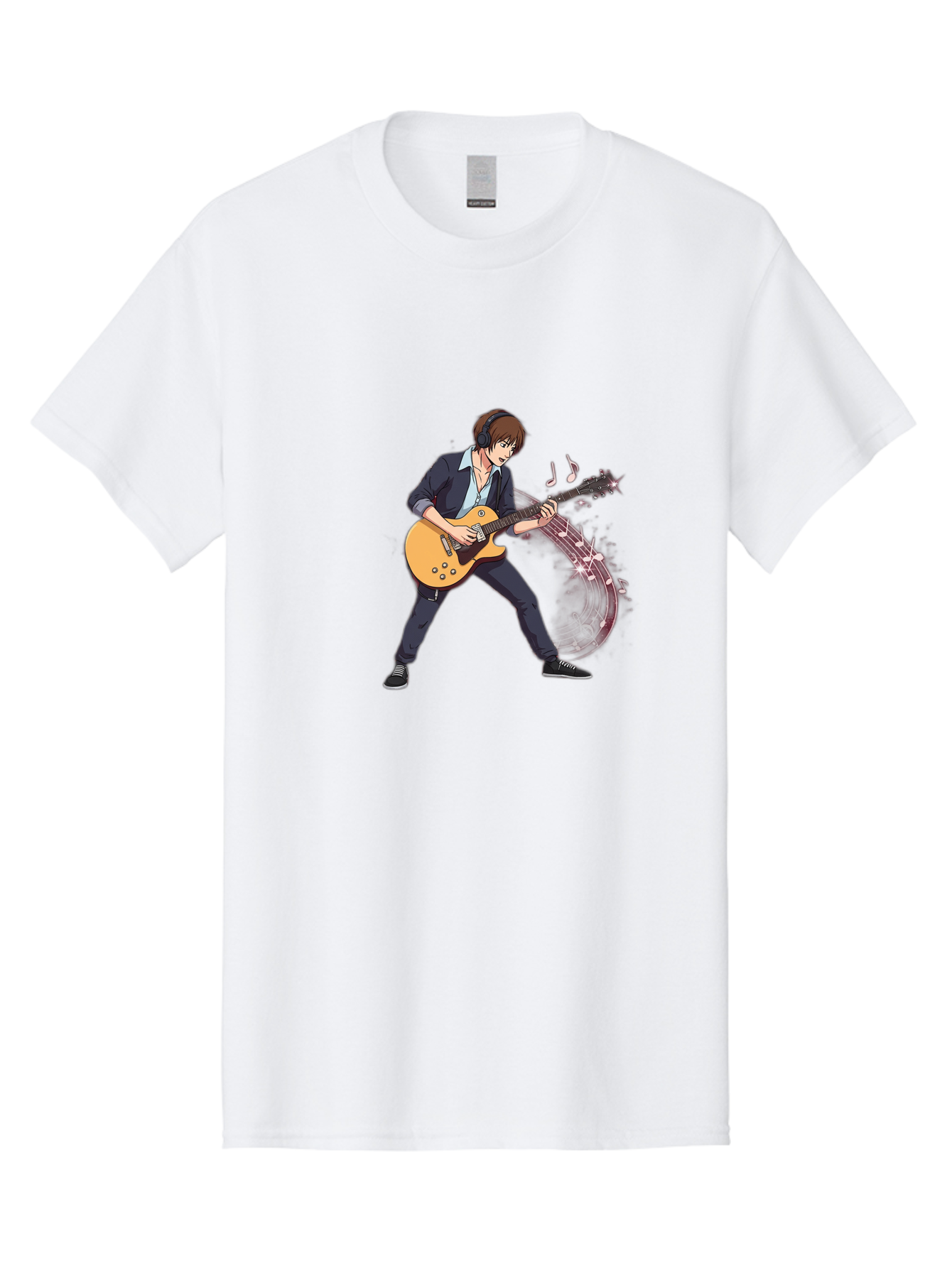 Guitarist Men'S Graphic Tee, 100% Cotton, Comfortable Casual Summer Wear, Machine Washable, Electric Guitar Player, Rock Music, Guitar Solo, Music Notes, Musical Instrument, Brown Hair, Dark Clothing, Cartoon Style, Dynamic Pose, Bac018