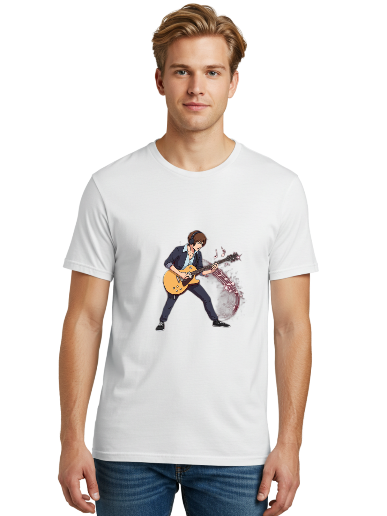 Guitarist Men'S Graphic Tee, 100% Cotton, Comfortable Casual Summer Wear, Machine Washable, Electric Guitar Player, Rock Music, Guitar Solo, Music Notes, Musical Instrument, Brown Hair, Dark Clothing, Cartoon Style, Dynamic Pose, Bac018