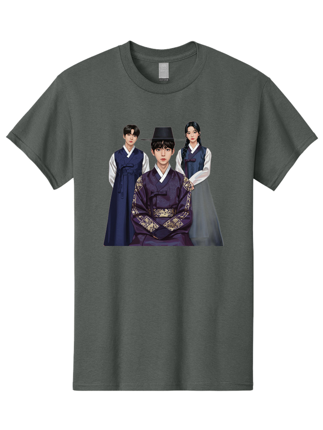 Hanbok-Trio Men'S Graphic Tee, 100% Cotton, Comfortable Casual Summer Wear, Machine Washable, Traditional Korean Clothing, Hanbok Fashion, Cultural Heritage, Korean Attire, Elegant Robes, Historical Dress, Ornate Patterns, Gold Accents, Bac019