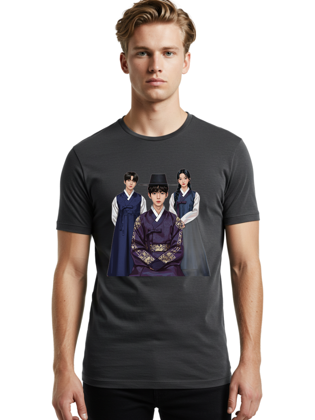 Hanbok-Trio Men'S Graphic Tee, 100% Cotton, Comfortable Casual Summer Wear, Machine Washable, Traditional Korean Clothing, Hanbok Fashion, Cultural Heritage, Korean Attire, Elegant Robes, Historical Dress, Ornate Patterns, Gold Accents, Bac019