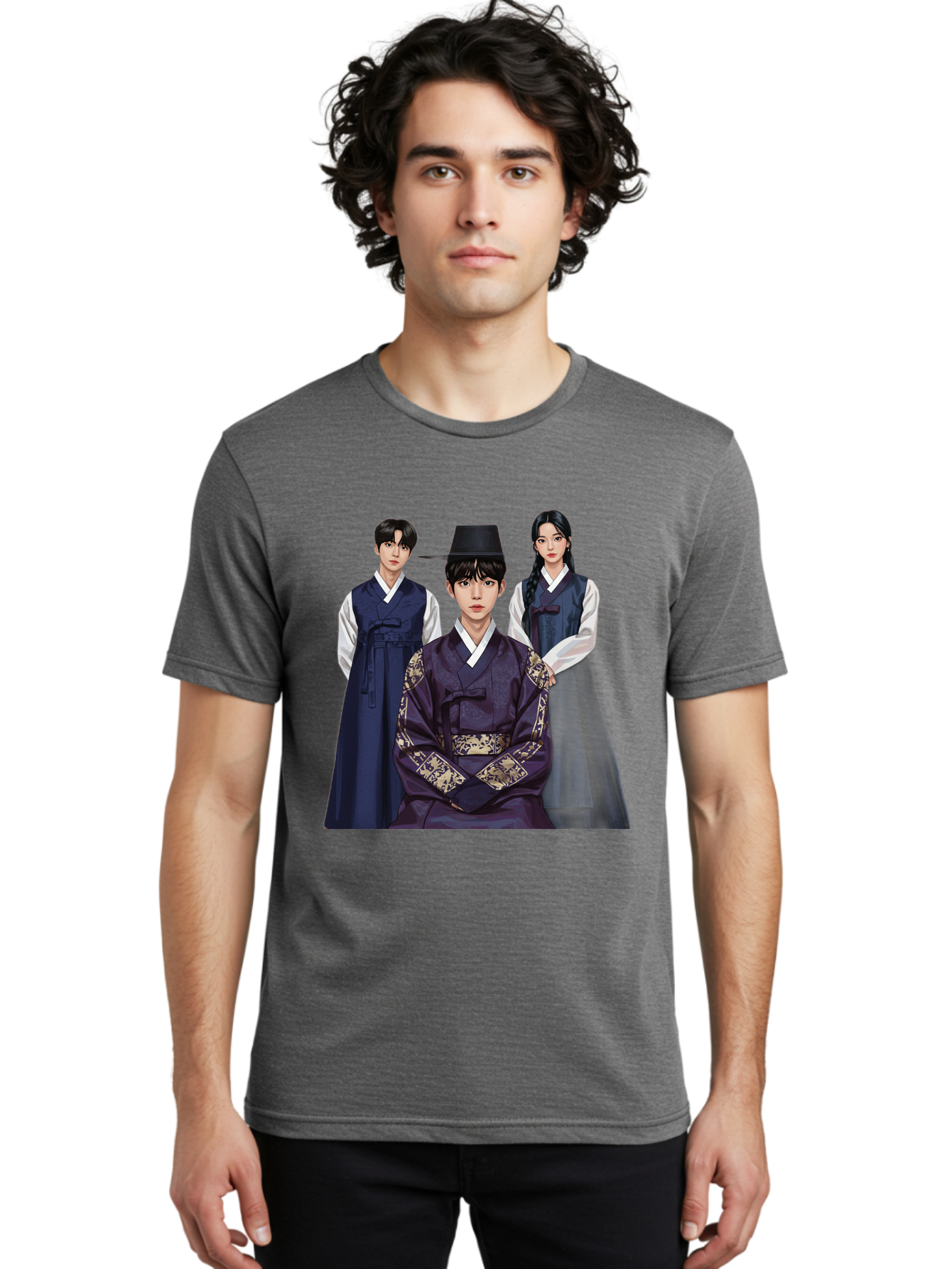 Hanbok-Trio Men'S Graphic Tee, 100% Cotton, Comfortable Casual Summer Wear, Machine Washable, Traditional Korean Clothing, Hanbok Fashion, Cultural Heritage, Korean Attire, Elegant Robes, Historical Dress, Ornate Patterns, Gold Accents, Bac019