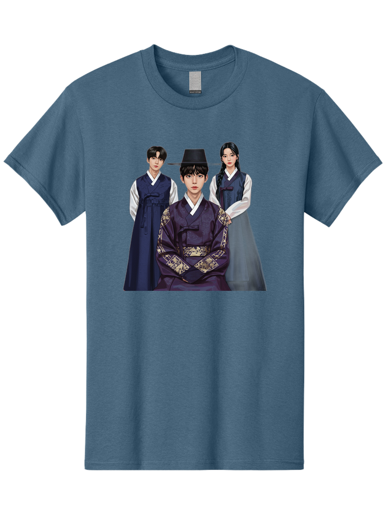 Hanbok-Trio Men'S Graphic Tee, 100% Cotton, Comfortable Casual Summer Wear, Machine Washable, Traditional Korean Clothing, Hanbok Fashion, Cultural Heritage, Korean Attire, Elegant Robes, Historical Dress, Ornate Patterns, Gold Accents, Bac019
