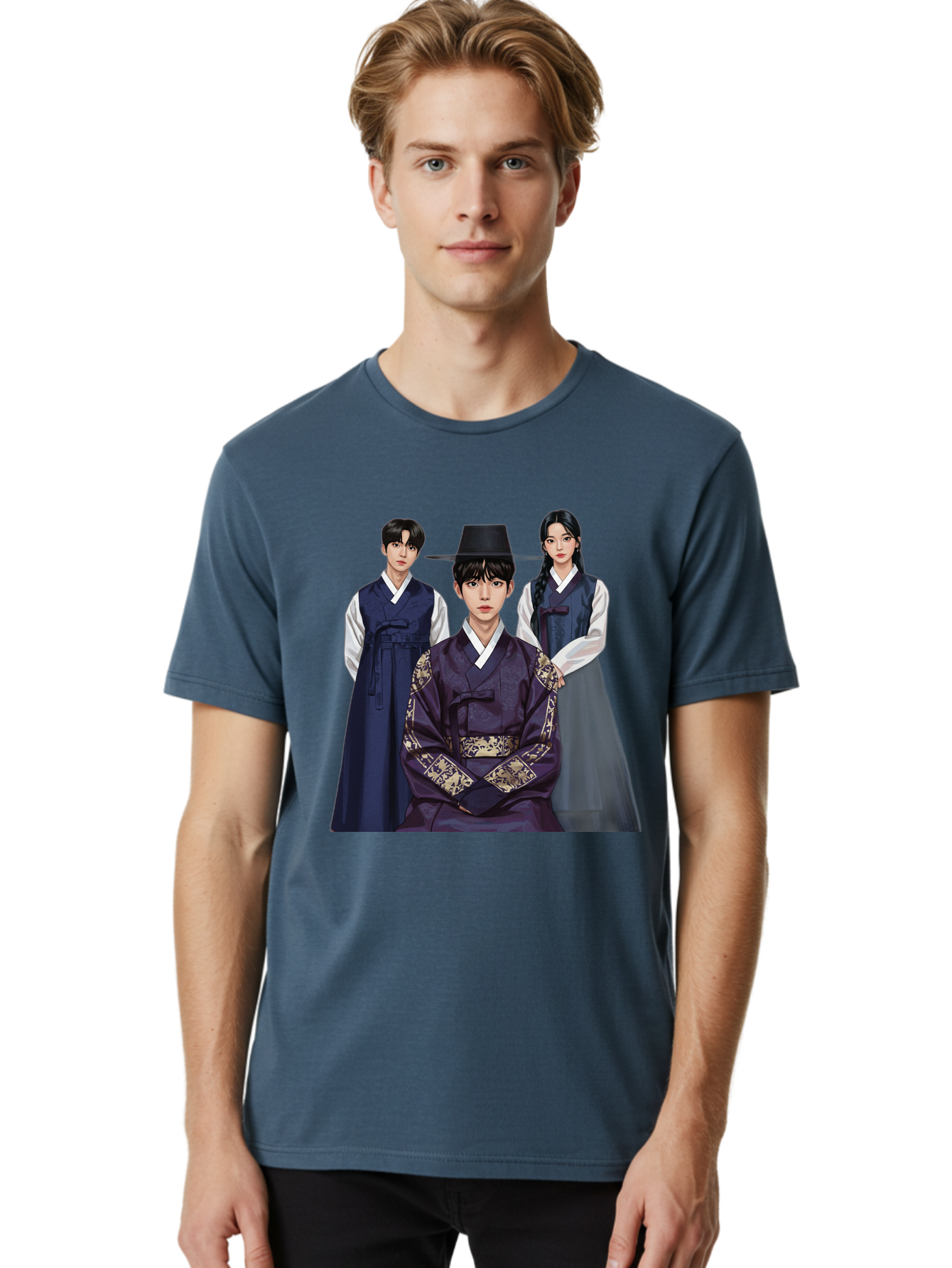 Hanbok-Trio Men'S Graphic Tee, 100% Cotton, Comfortable Casual Summer Wear, Machine Washable, Traditional Korean Clothing, Hanbok Fashion, Cultural Heritage, Korean Attire, Elegant Robes, Historical Dress, Ornate Patterns, Gold Accents, Bac019
