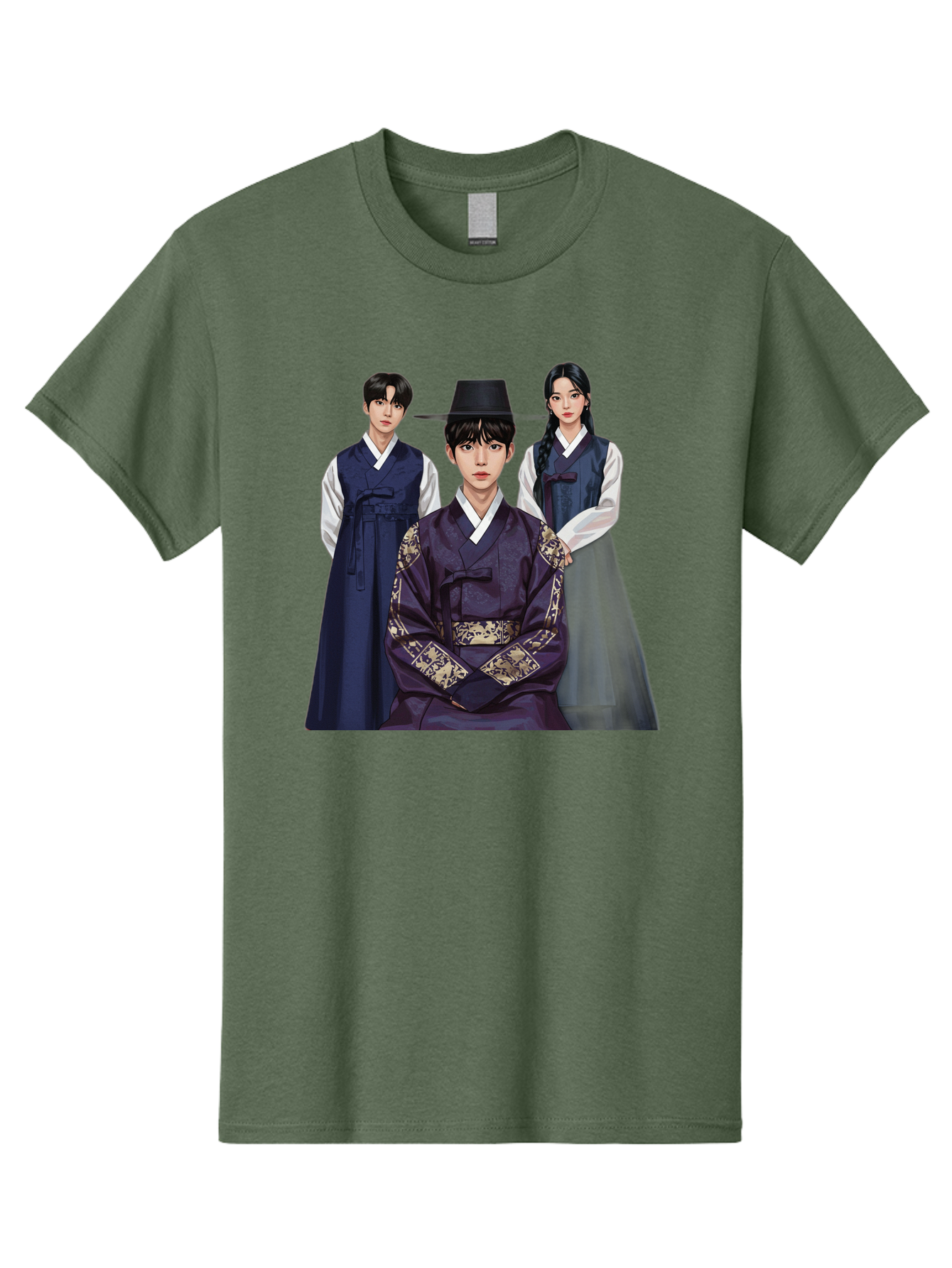 Hanbok-Trio Men'S Graphic Tee, 100% Cotton, Comfortable Casual Summer Wear, Machine Washable, Traditional Korean Clothing, Hanbok Fashion, Cultural Heritage, Korean Attire, Elegant Robes, Historical Dress, Ornate Patterns, Gold Accents, Bac019