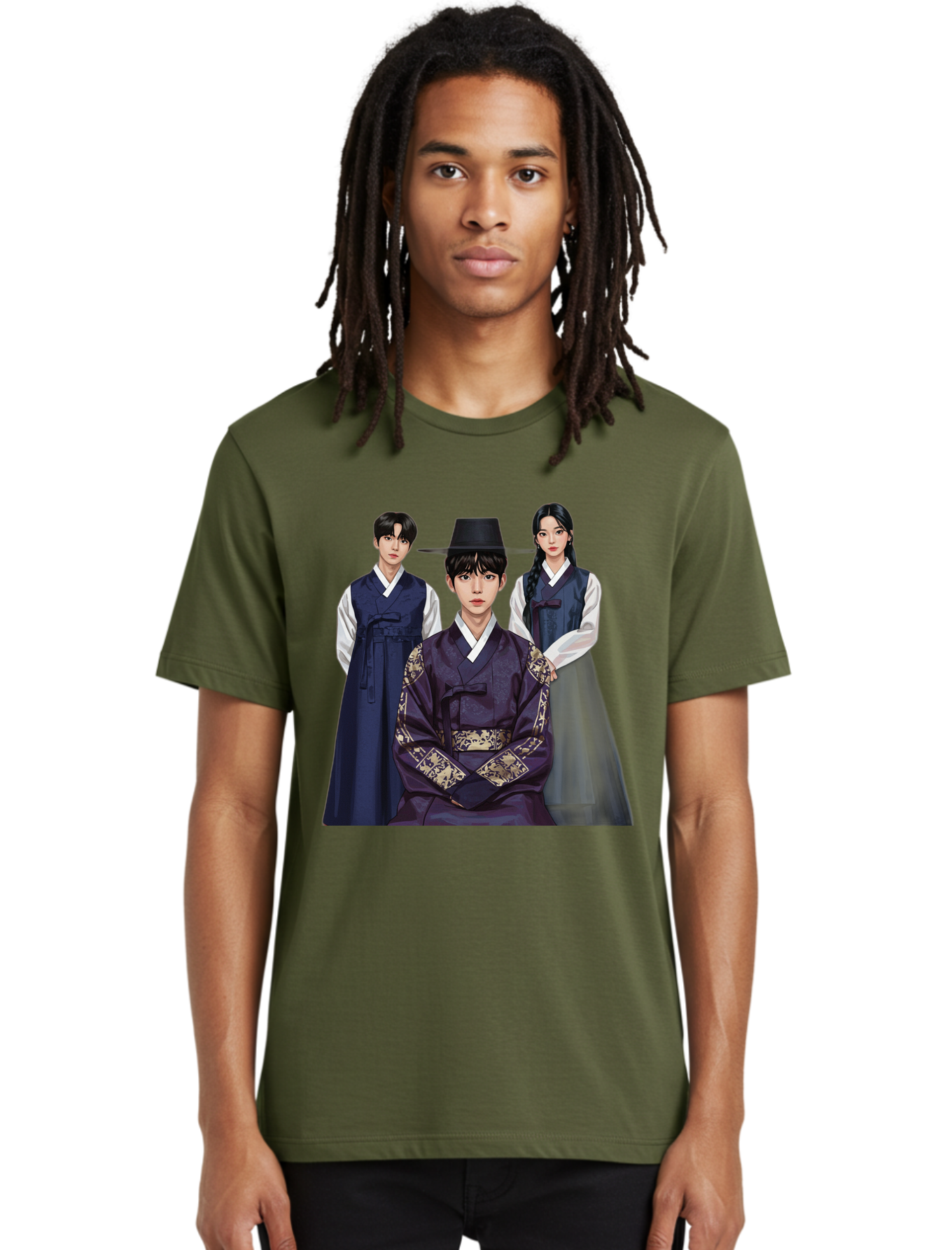 Hanbok-Trio Men'S Graphic Tee, 100% Cotton, Comfortable Casual Summer Wear, Machine Washable, Traditional Korean Clothing, Hanbok Fashion, Cultural Heritage, Korean Attire, Elegant Robes, Historical Dress, Ornate Patterns, Gold Accents, Bac019