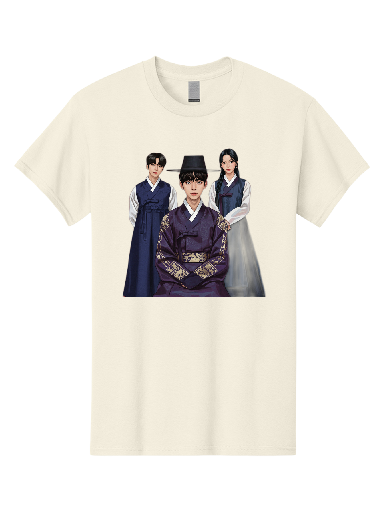 Hanbok-Trio Men'S Graphic Tee, 100% Cotton, Comfortable Casual Summer Wear, Machine Washable, Traditional Korean Clothing, Hanbok Fashion, Cultural Heritage, Korean Attire, Elegant Robes, Historical Dress, Ornate Patterns, Gold Accents, Bac019