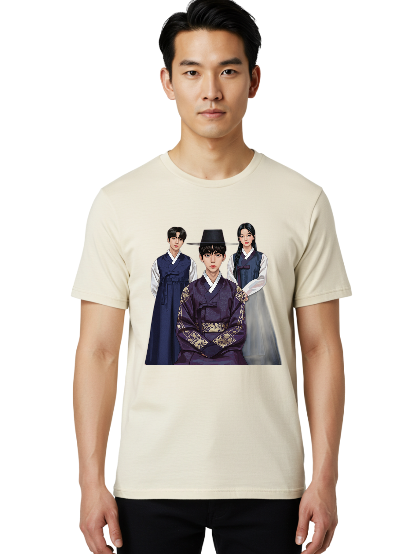 Hanbok-Trio Men'S Graphic Tee, 100% Cotton, Comfortable Casual Summer Wear, Machine Washable, Traditional Korean Clothing, Hanbok Fashion, Cultural Heritage, Korean Attire, Elegant Robes, Historical Dress, Ornate Patterns, Gold Accents, Bac019