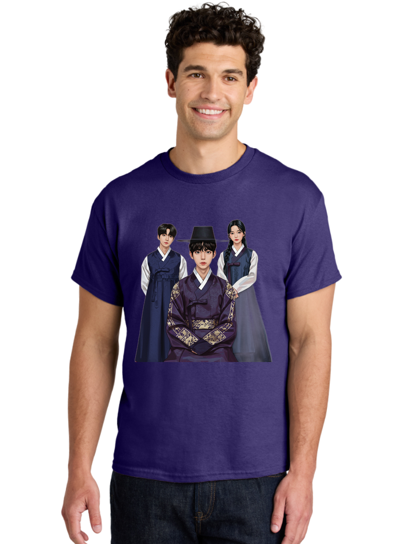 Hanbok-Trio Men'S Graphic Tee, 100% Cotton, Comfortable Casual Summer Wear, Machine Washable, Traditional Korean Clothing, Hanbok Fashion, Cultural Heritage, Korean Attire, Elegant Robes, Historical Dress, Ornate Patterns, Gold Accents, Bac019