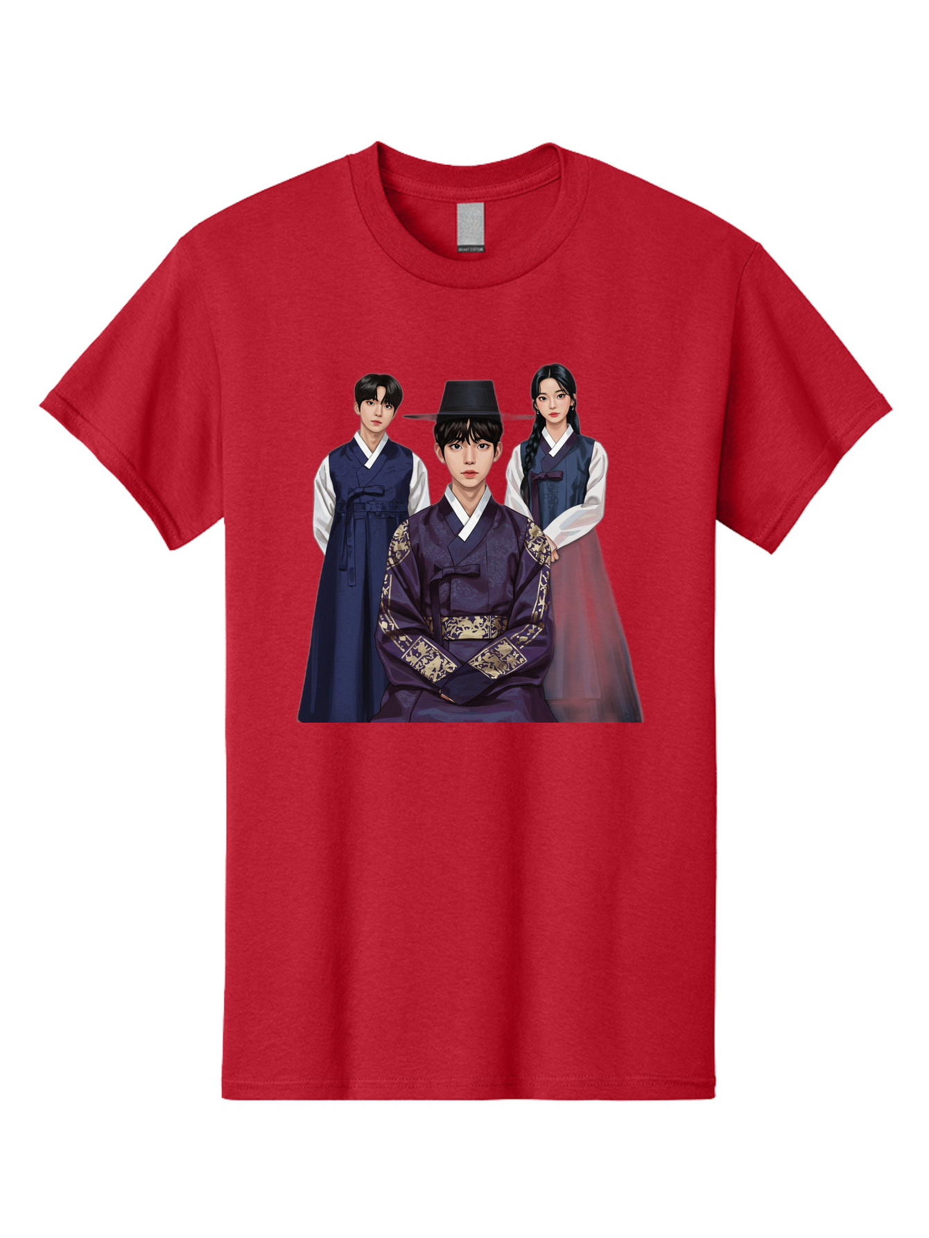 Hanbok-Trio Men'S Graphic Tee, 100% Cotton, Comfortable Casual Summer Wear, Machine Washable, Traditional Korean Clothing, Hanbok Fashion, Cultural Heritage, Korean Attire, Elegant Robes, Historical Dress, Ornate Patterns, Gold Accents, Bac019